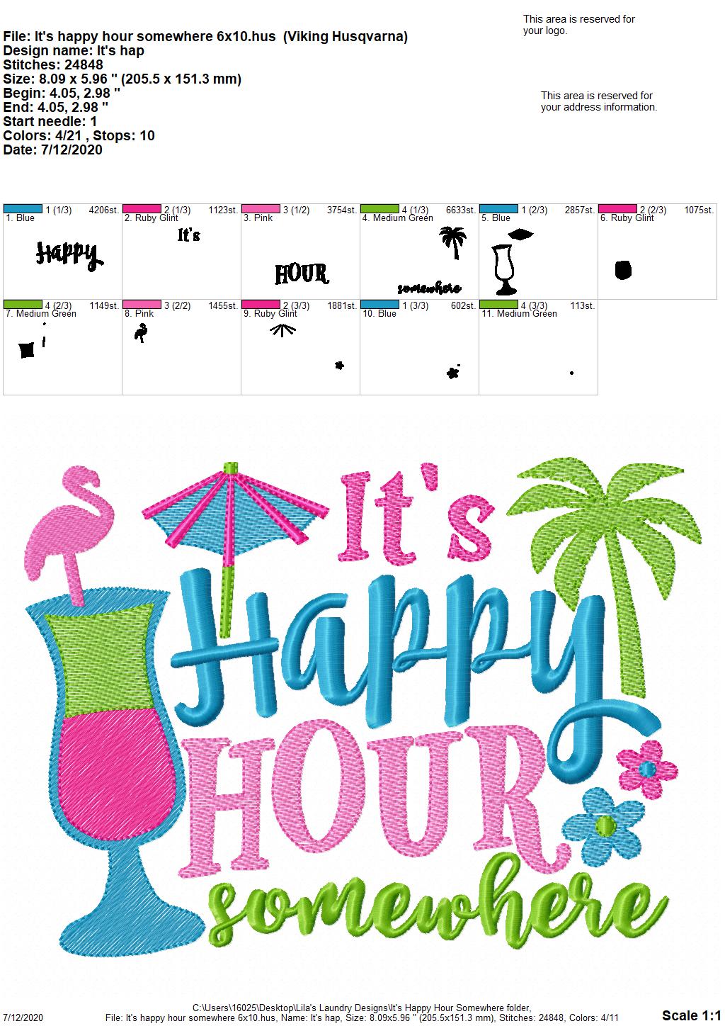 It's Happy Hour Somewhere - 2 Sizes - Digital Embroidery Design