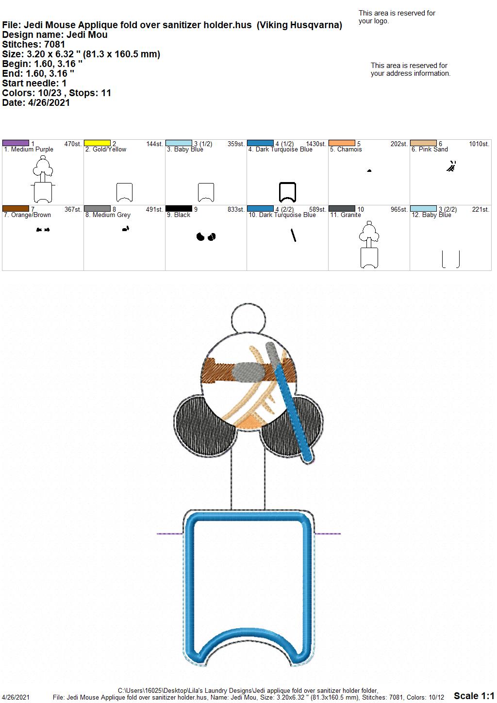 Jedi Mouse Applique Fold Over Sanitizer Holder 5x7- DIGITAL Embroidery DESIGN