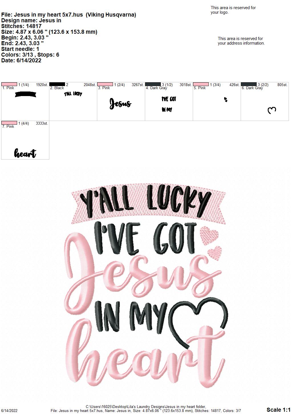Jesus in my Heart - 3 sizes- Digital Embroidery Design