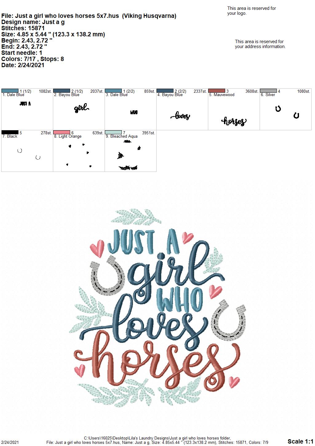 Just a Girl Who Loves Horses- 3 sizes- Digital Embroidery Design