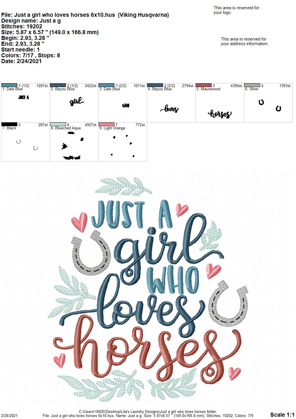 Just a Girl Who Loves Horses- 3 sizes- Digital Embroidery Design