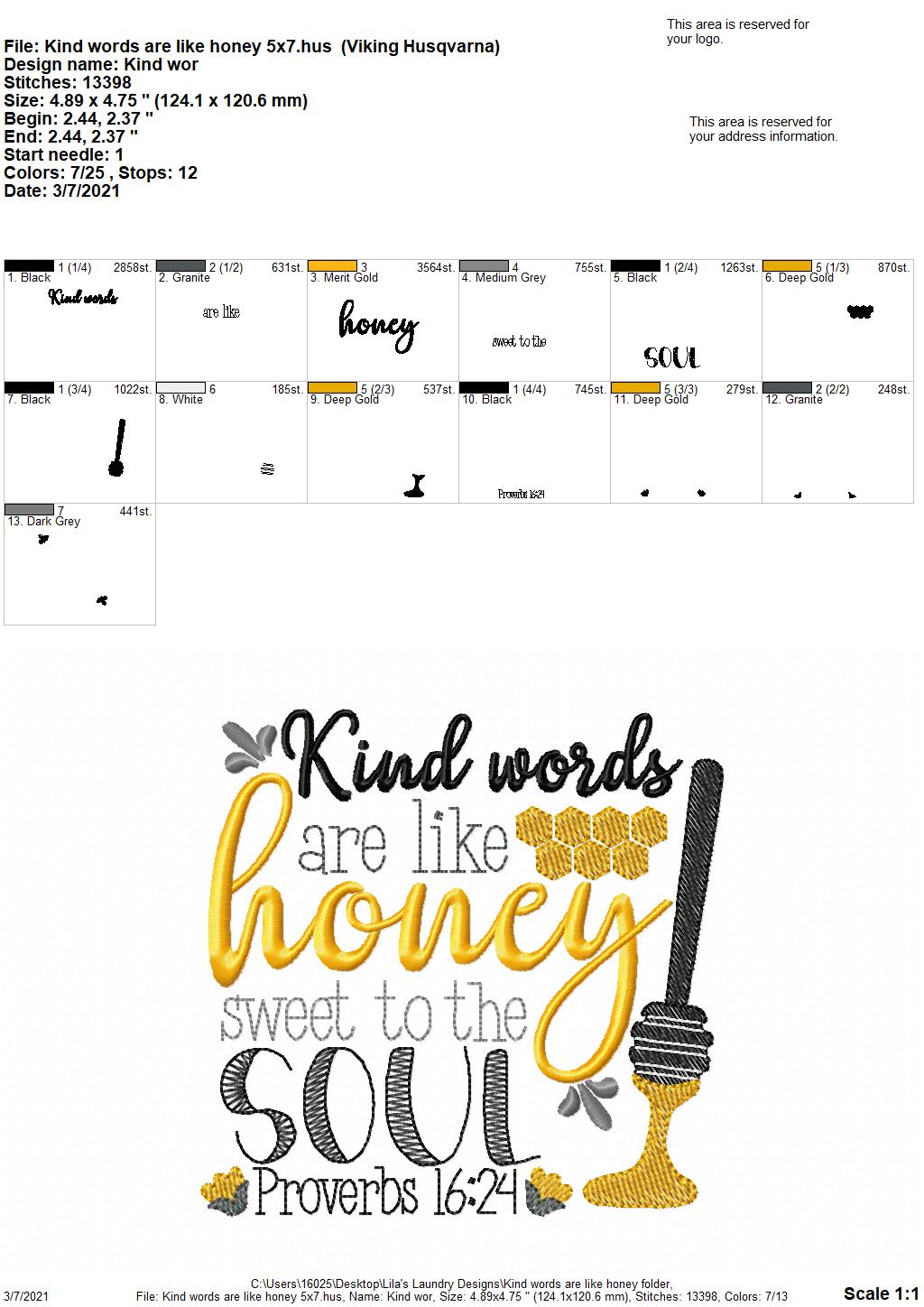 Kind Words are like Honey - 3 sizes- Digital Embroidery Design
