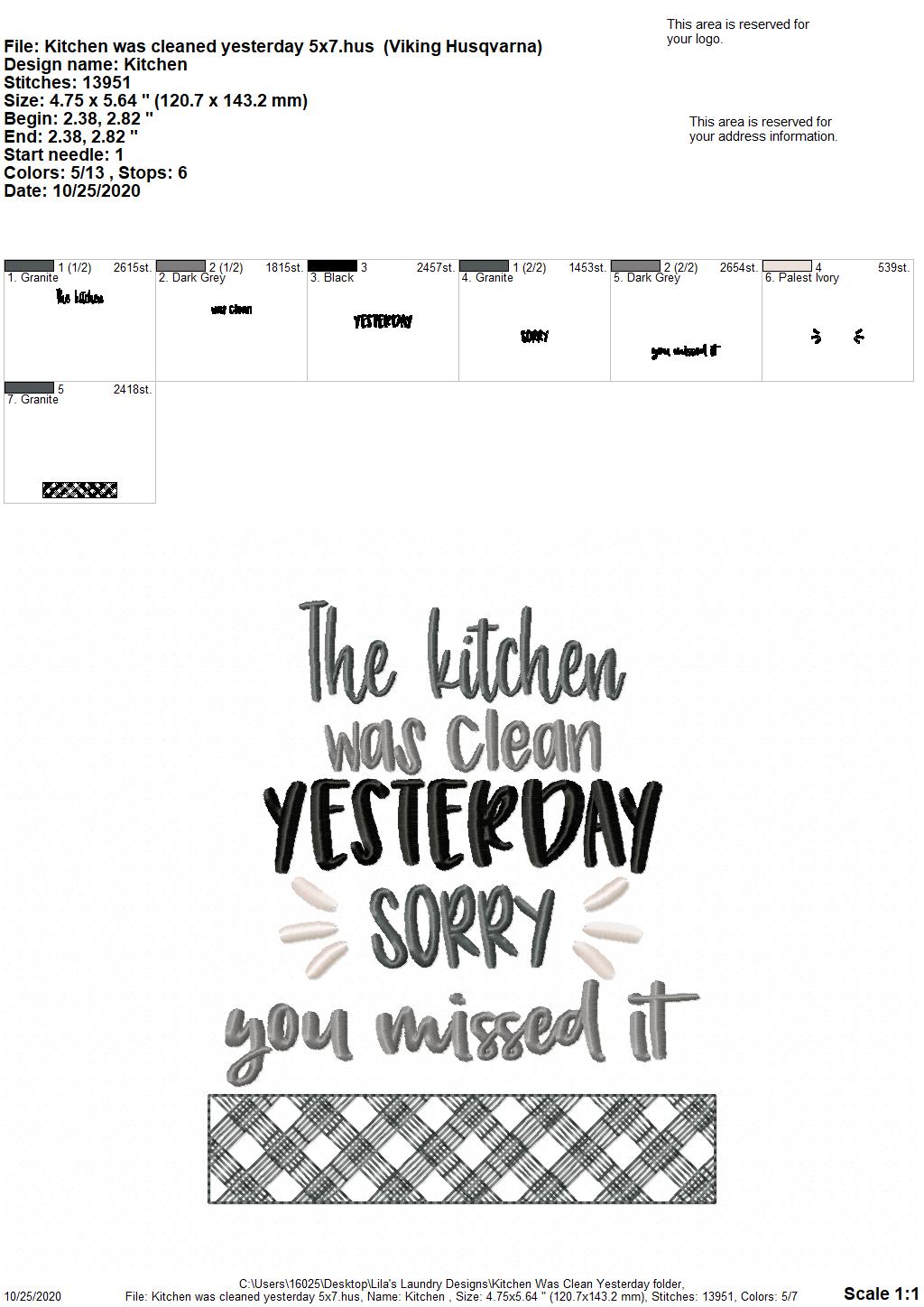 Kitchen Was Clean Yesterday  - 3 Sizes - Digital Embroidery Design