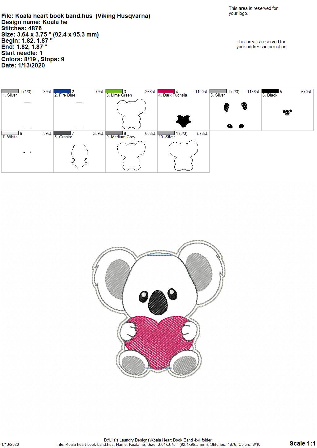 Koala Heart Book Band - Digital Embroidery Design