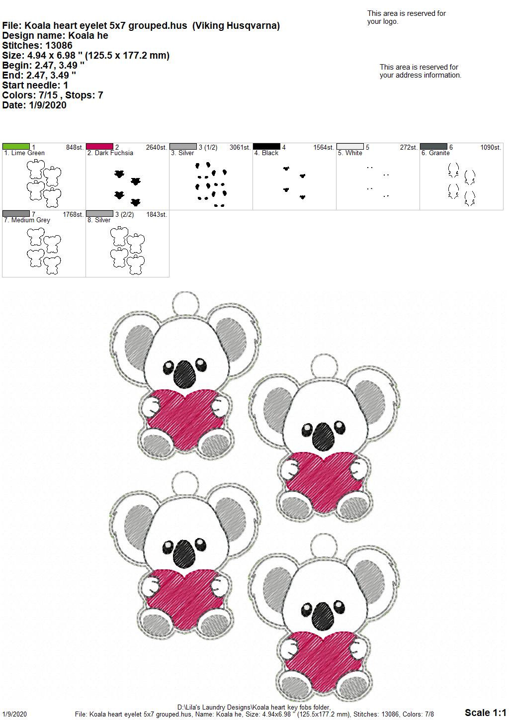 Koala Heart Fobs -  DIGITAL Embroidery DESIGN