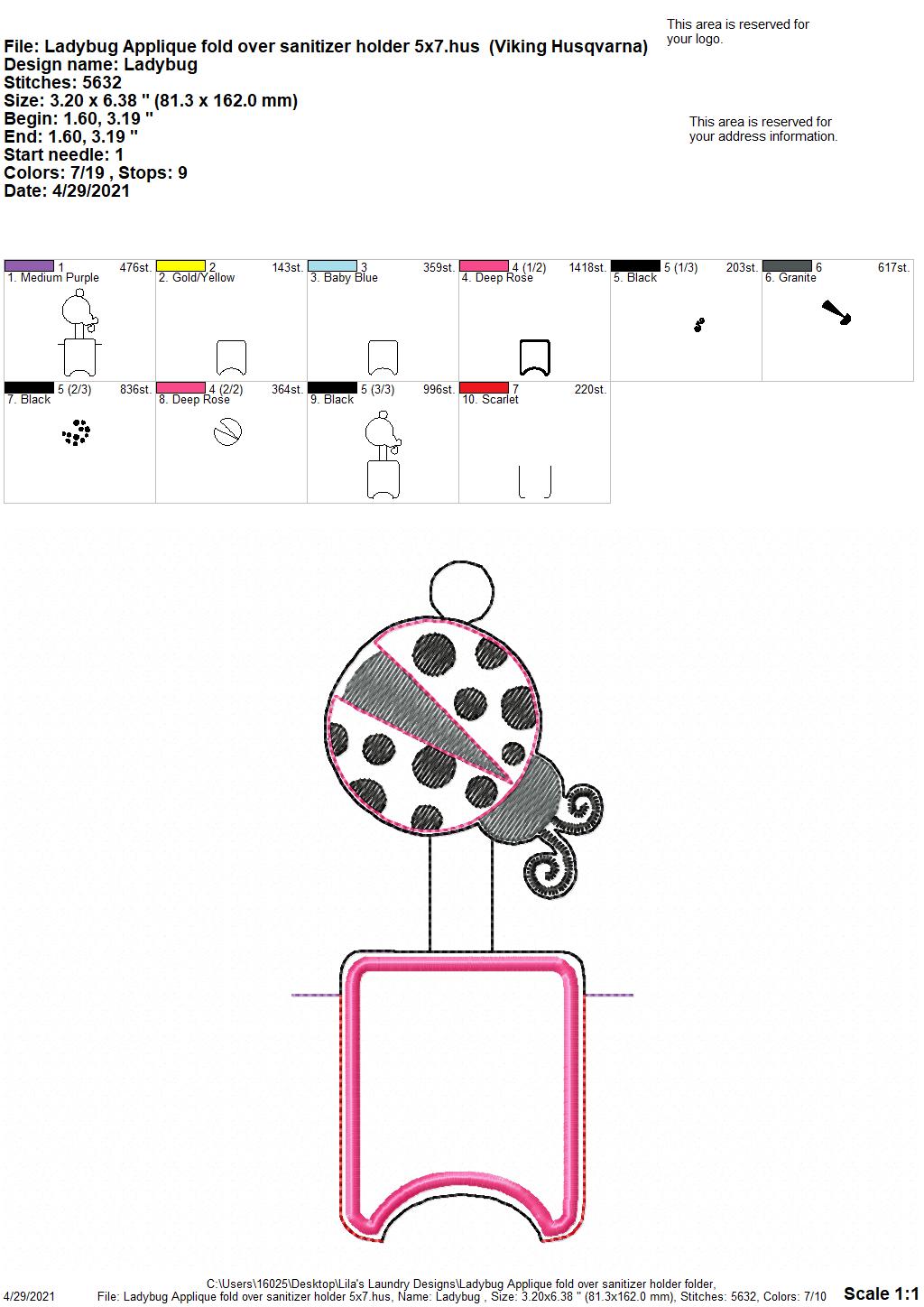 Ladybug Applique Fold Over Sanitizer Holder 5x7- DIGITAL Embroidery DESIGN