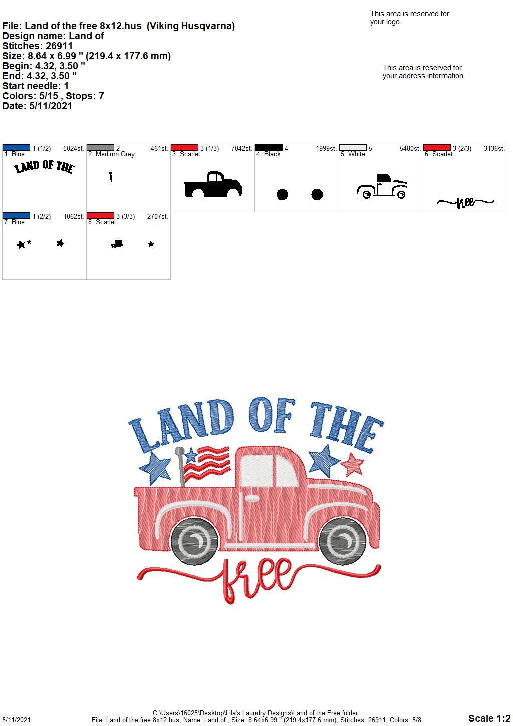 Land of the Free - 3 sizes- Digital Embroidery Design