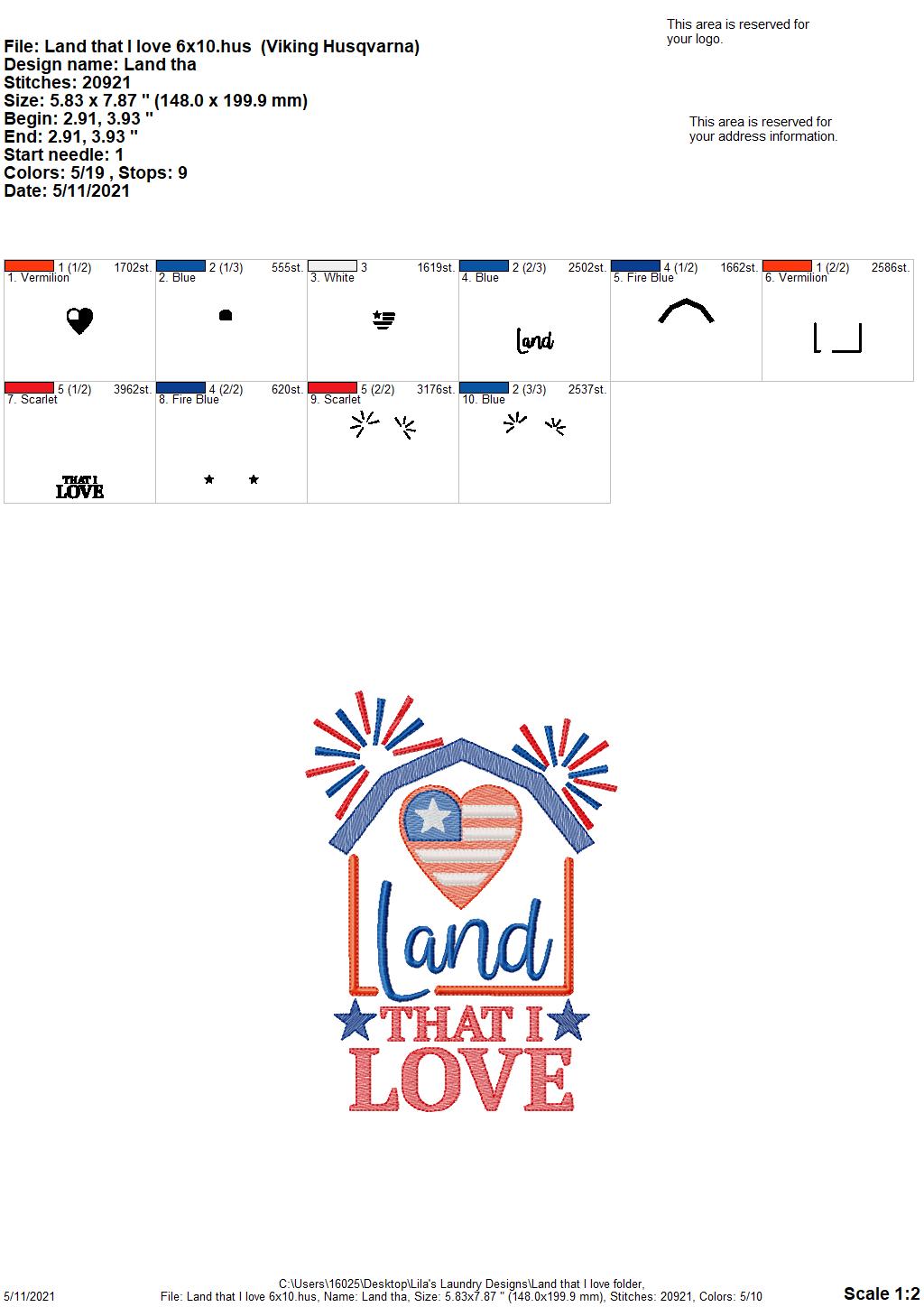 Land that I Love - 3 sizes- Digital Embroidery Design