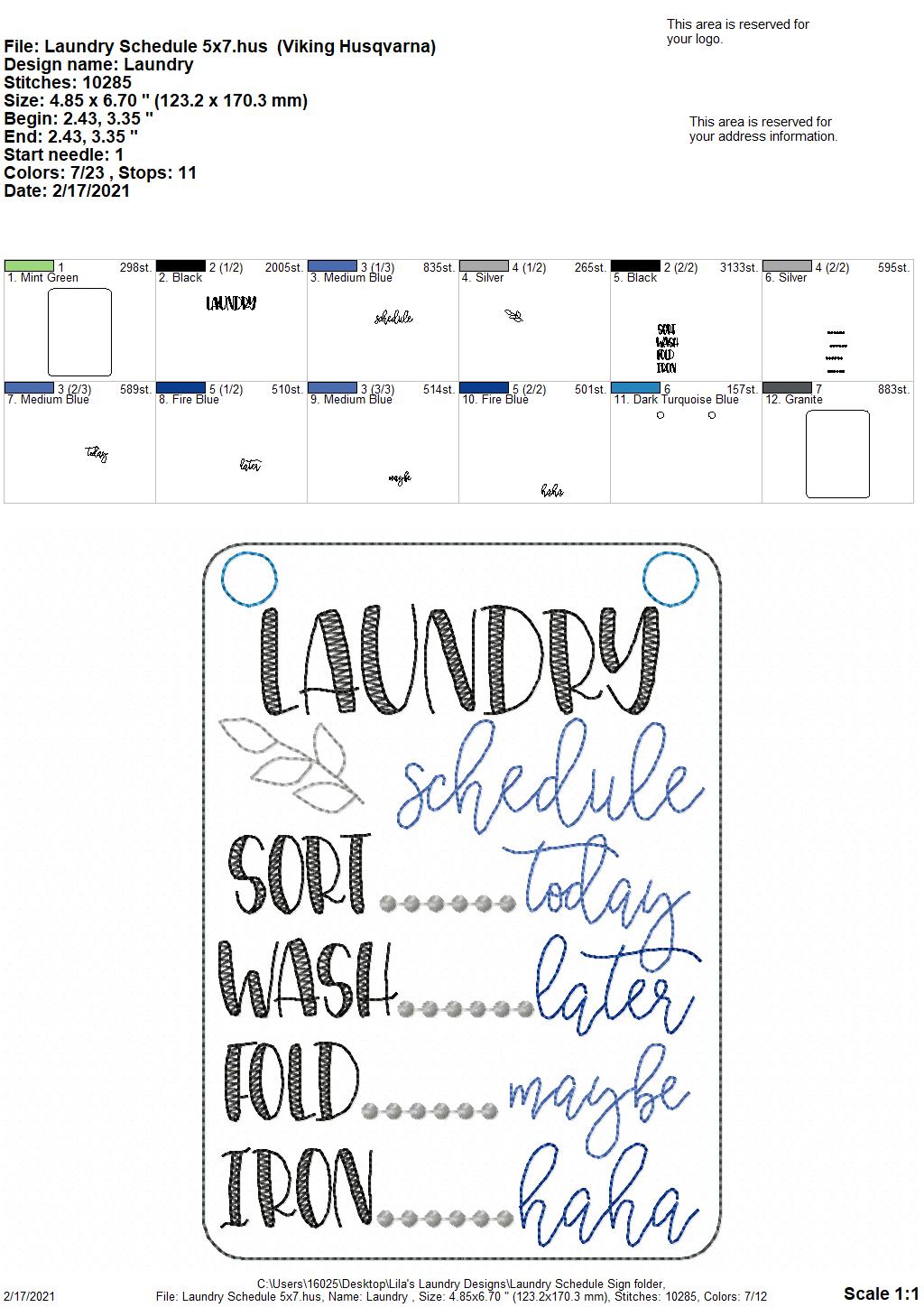 Laundry Schedule Hanger - 3 sizes - Digital Embroidery Design