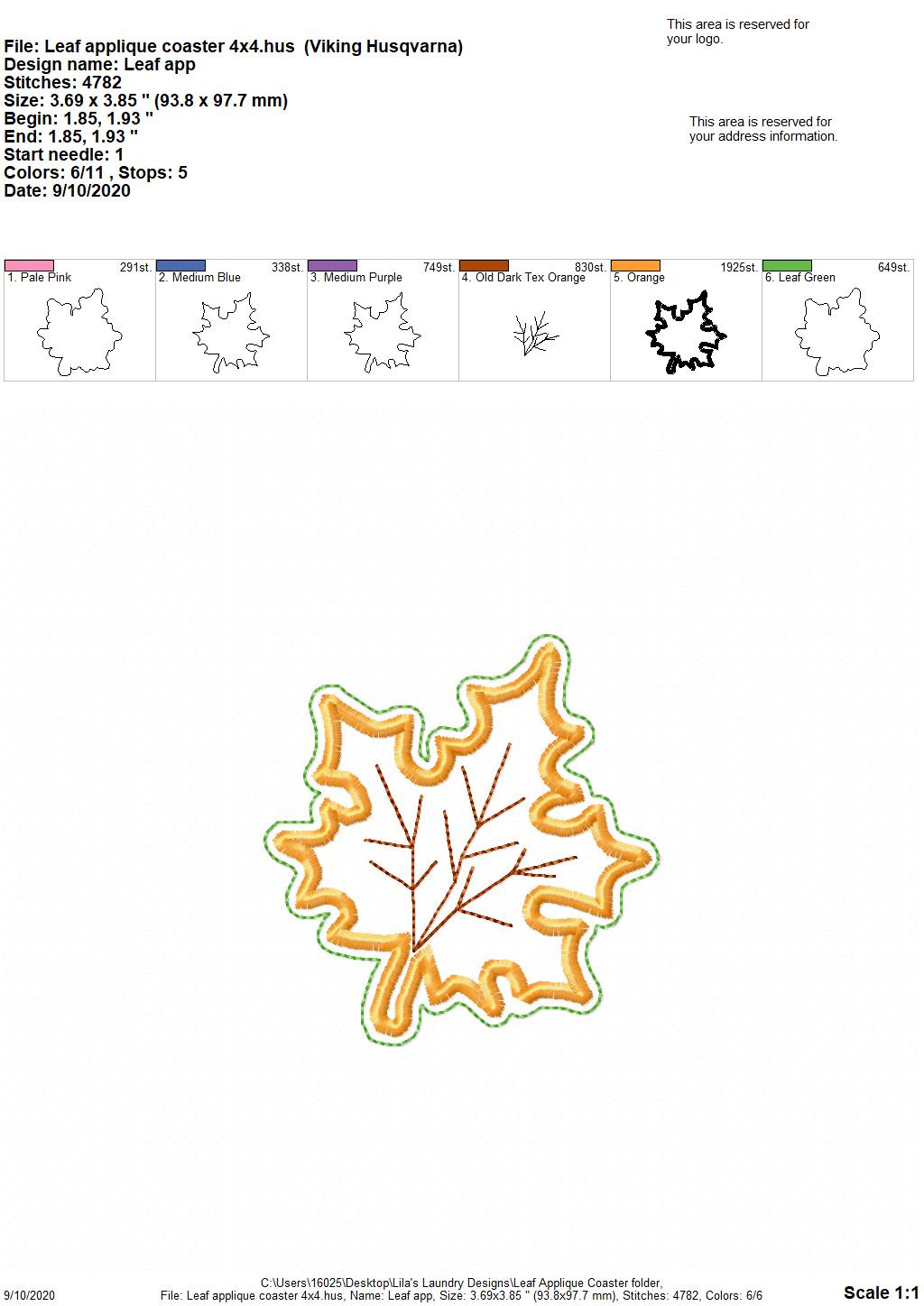 Leaf Applique Coaster  4x4 - DIGITAL Embroidery DESIGN