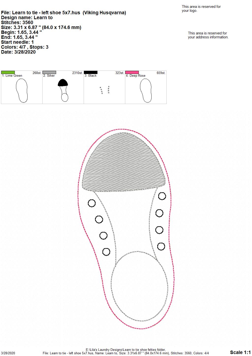 Learn to Ties Shoe Felties - 5x7- Digital Embroidery Design