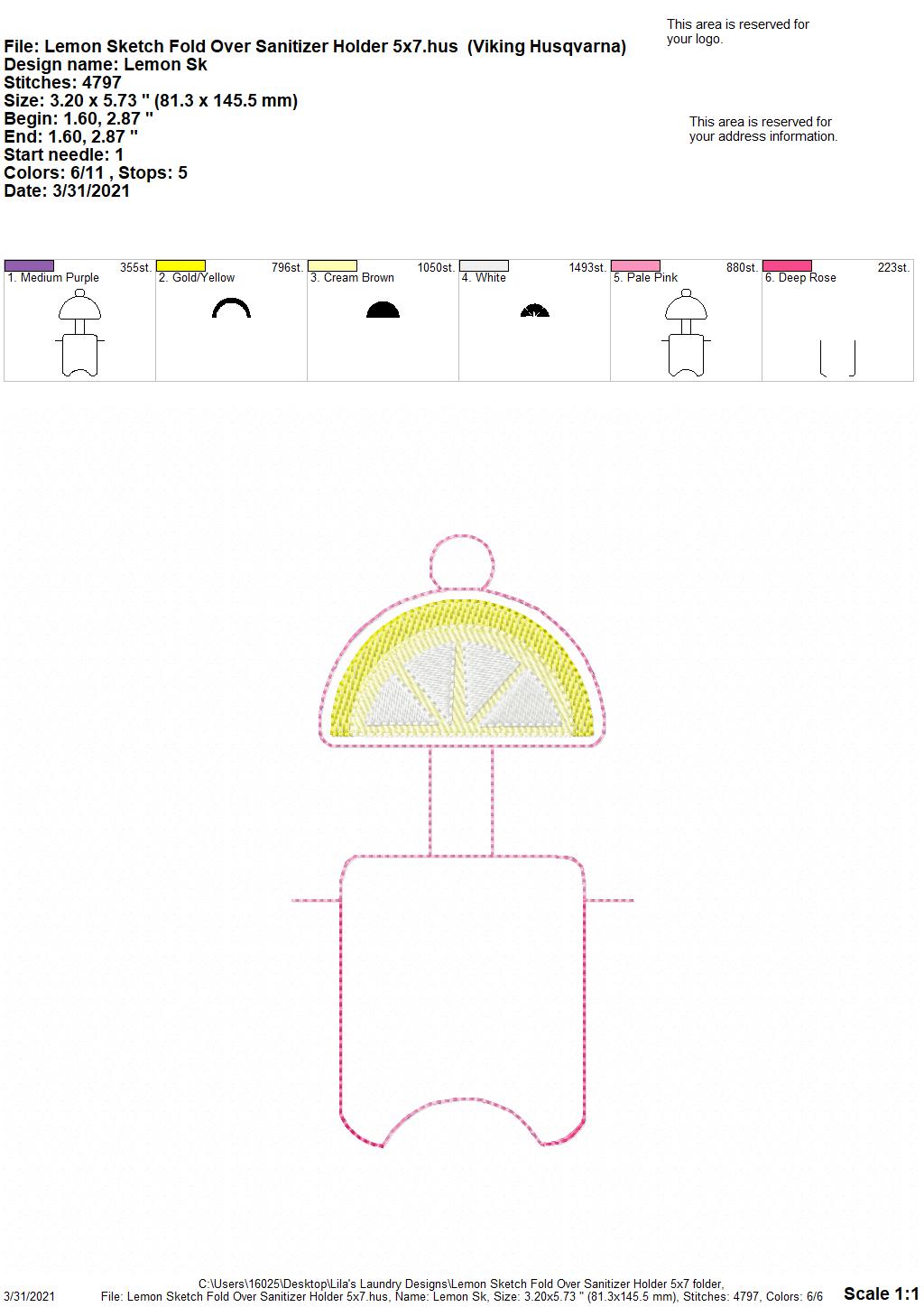 Lemon Sketch Fold Over Sanitizer Holder 5x7- DIGITAL Embroidery DESIGN