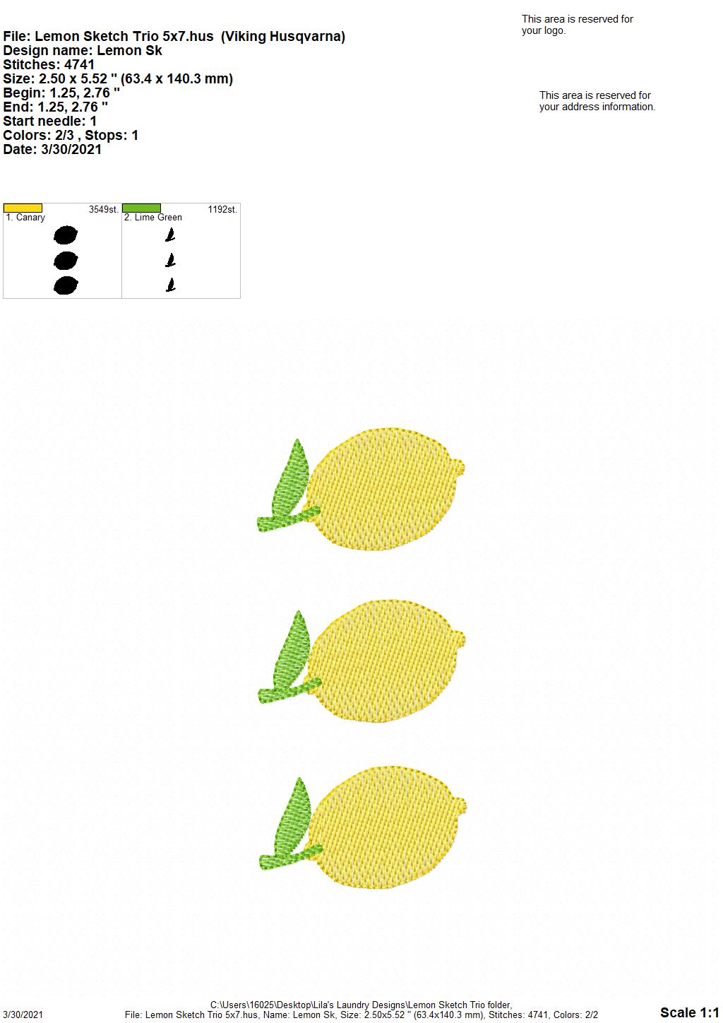 Lemon Sketch Trio - 3 sizes- Digital Embroidery Design