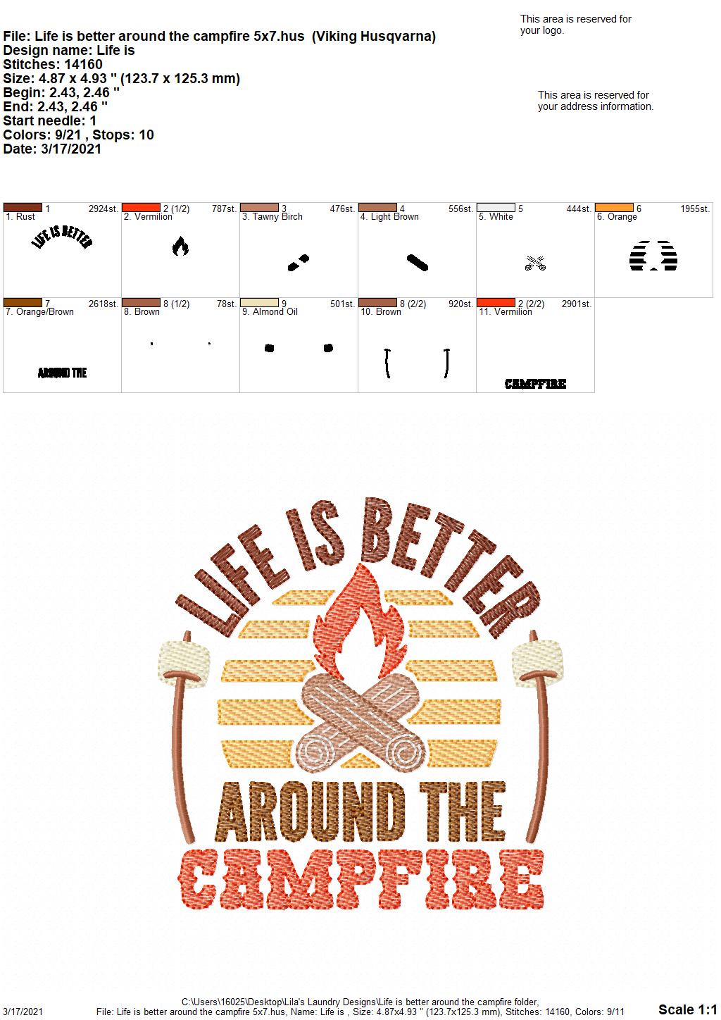 Life is better around the campfire - 2 sizes- Digital Embroidery Design