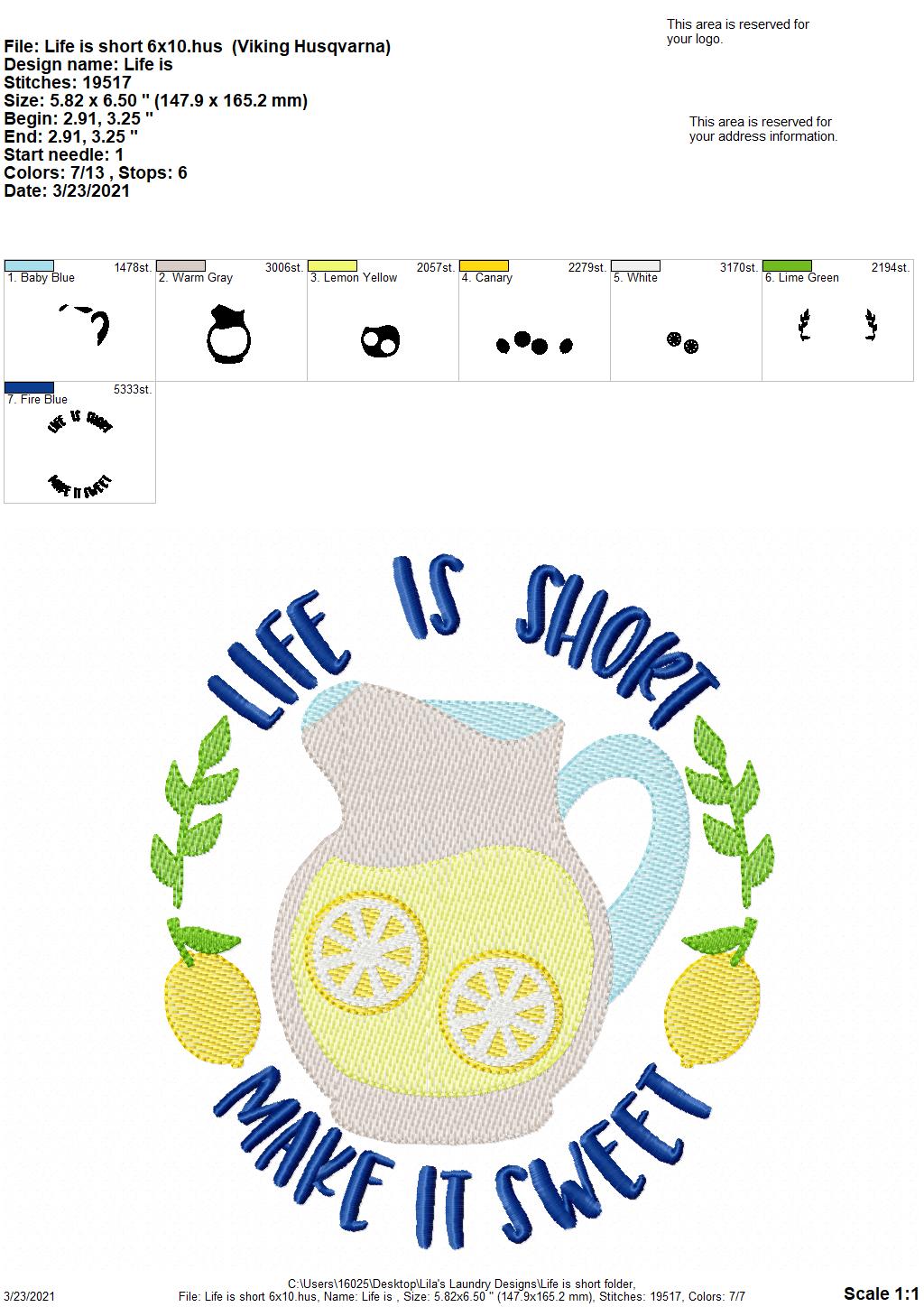Life is Short - 3 sizes- Digital Embroidery Design