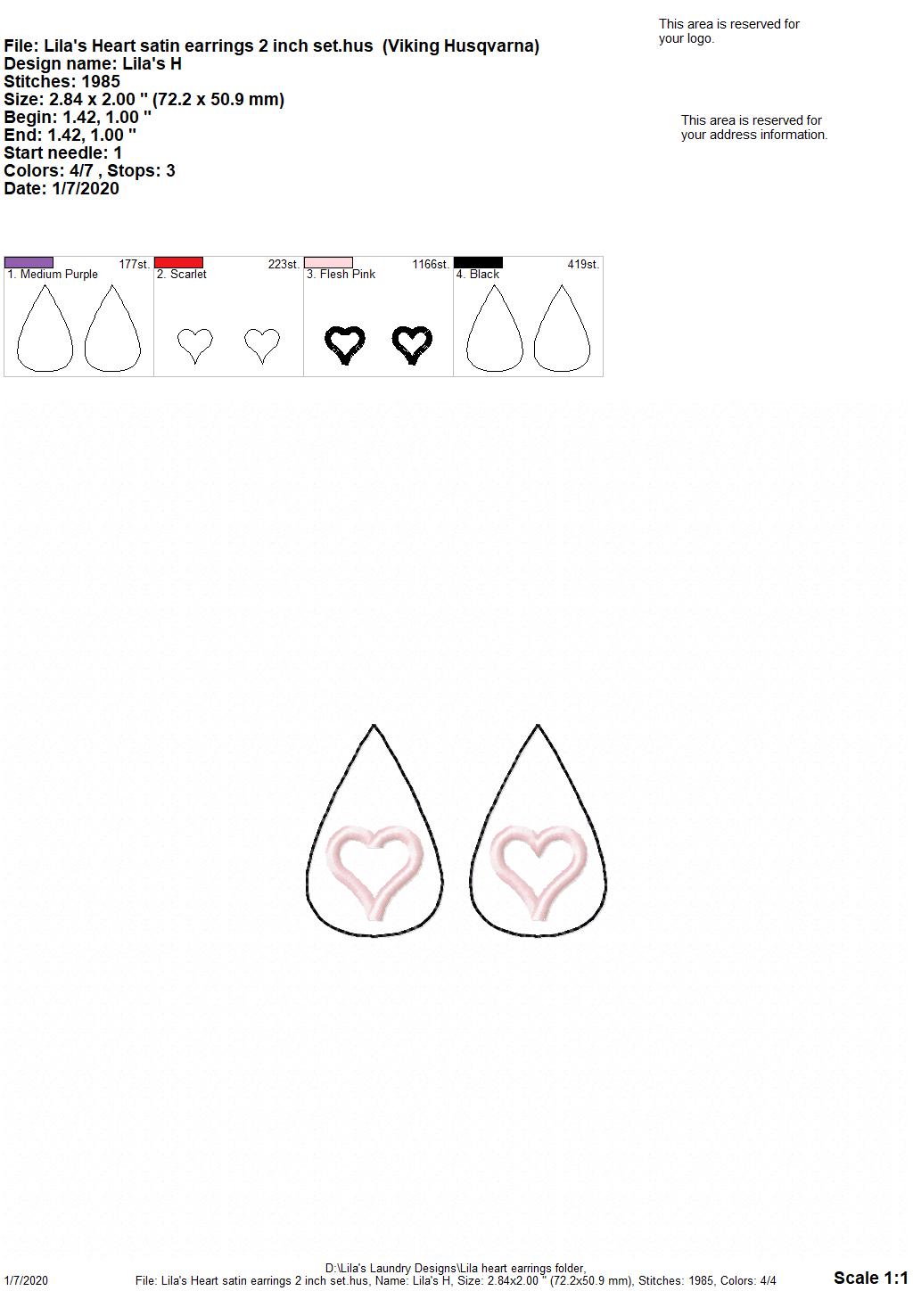 Lila's Heart Earrings - 3 sizes - 4x4 and 5x7 Grouped- Digital Embroidery Design