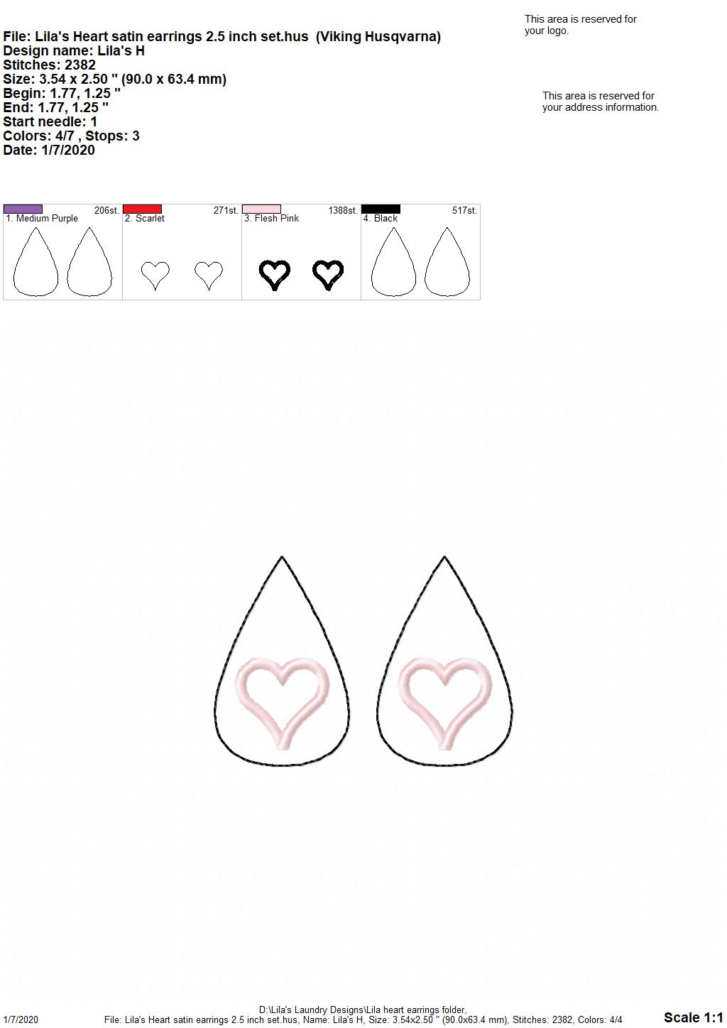 Lila's Heart Earrings - 3 sizes - 4x4 and 5x7 Grouped- Digital Embroidery Design