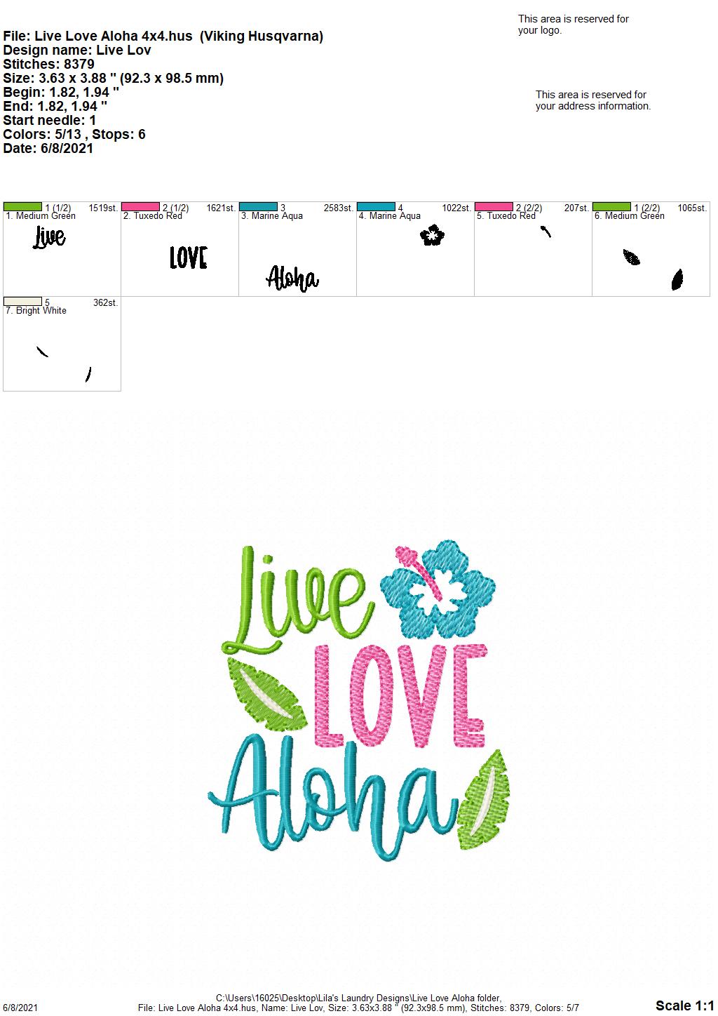 Live Love Aloha - 4 sizes- Digital Embroidery Design