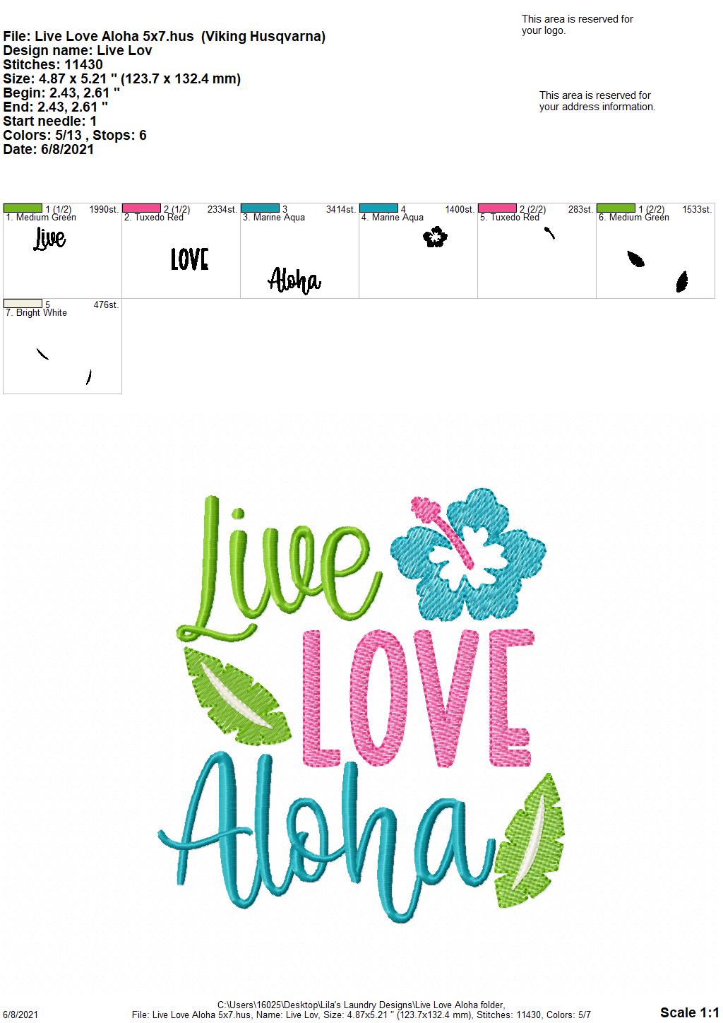 Live Love Aloha - 4 sizes- Digital Embroidery Design