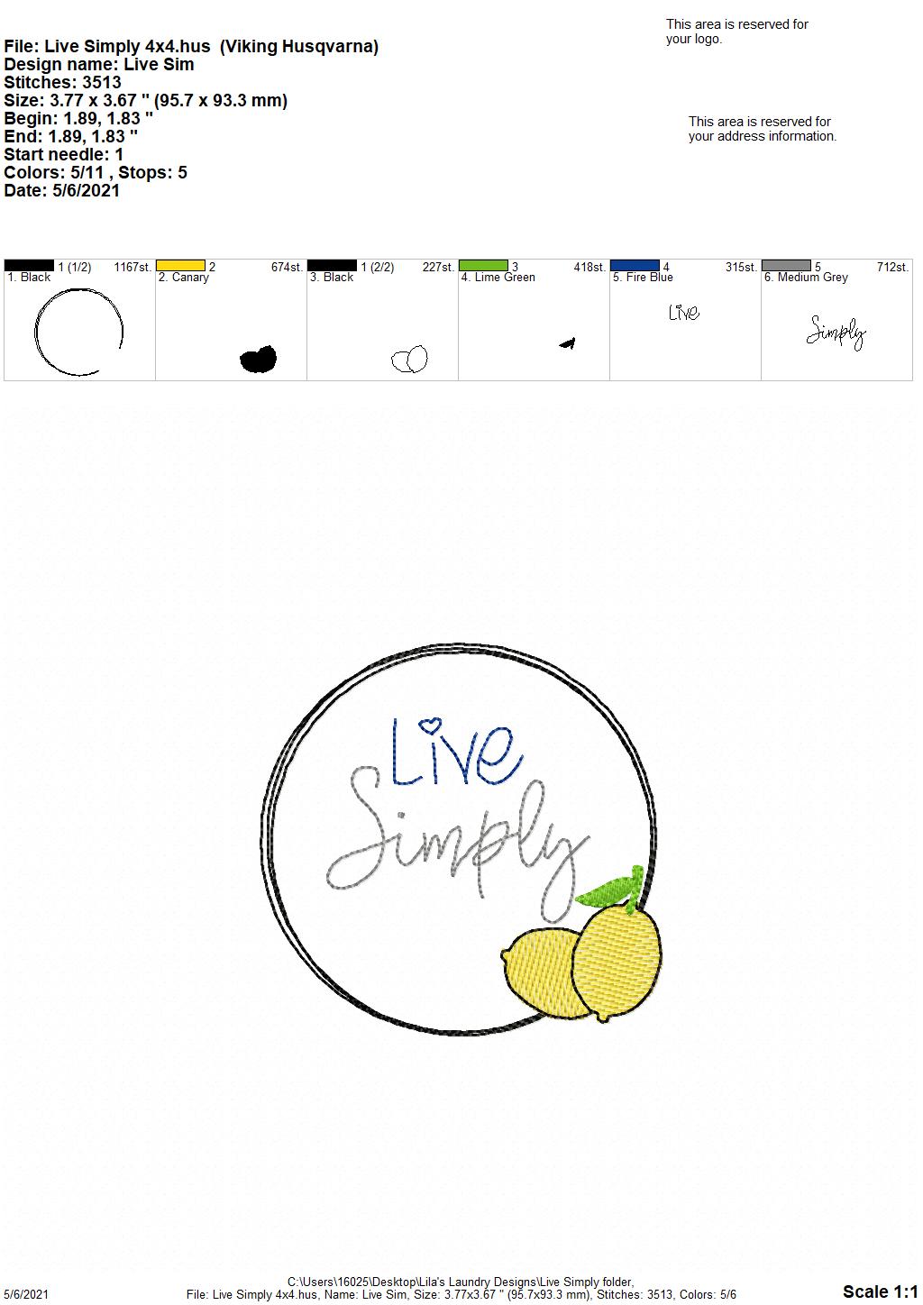 Live Simply - 4 sizes- Digital Embroidery Design
