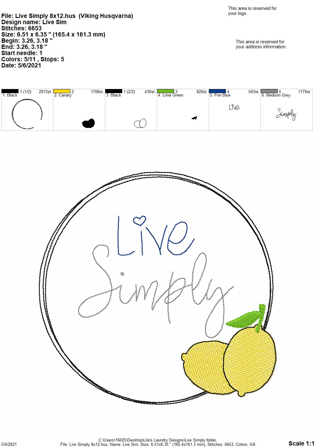 Live Simply - 4 sizes- Digital Embroidery Design