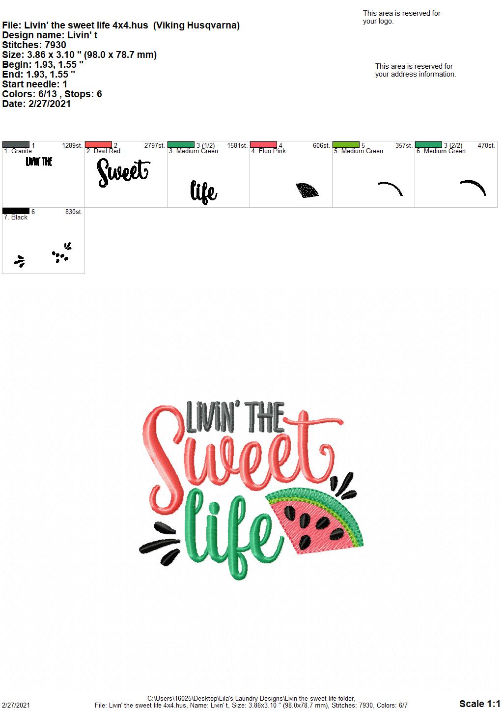 Livin' The Sweet Life - 3 sizes- Digital Embroidery Design