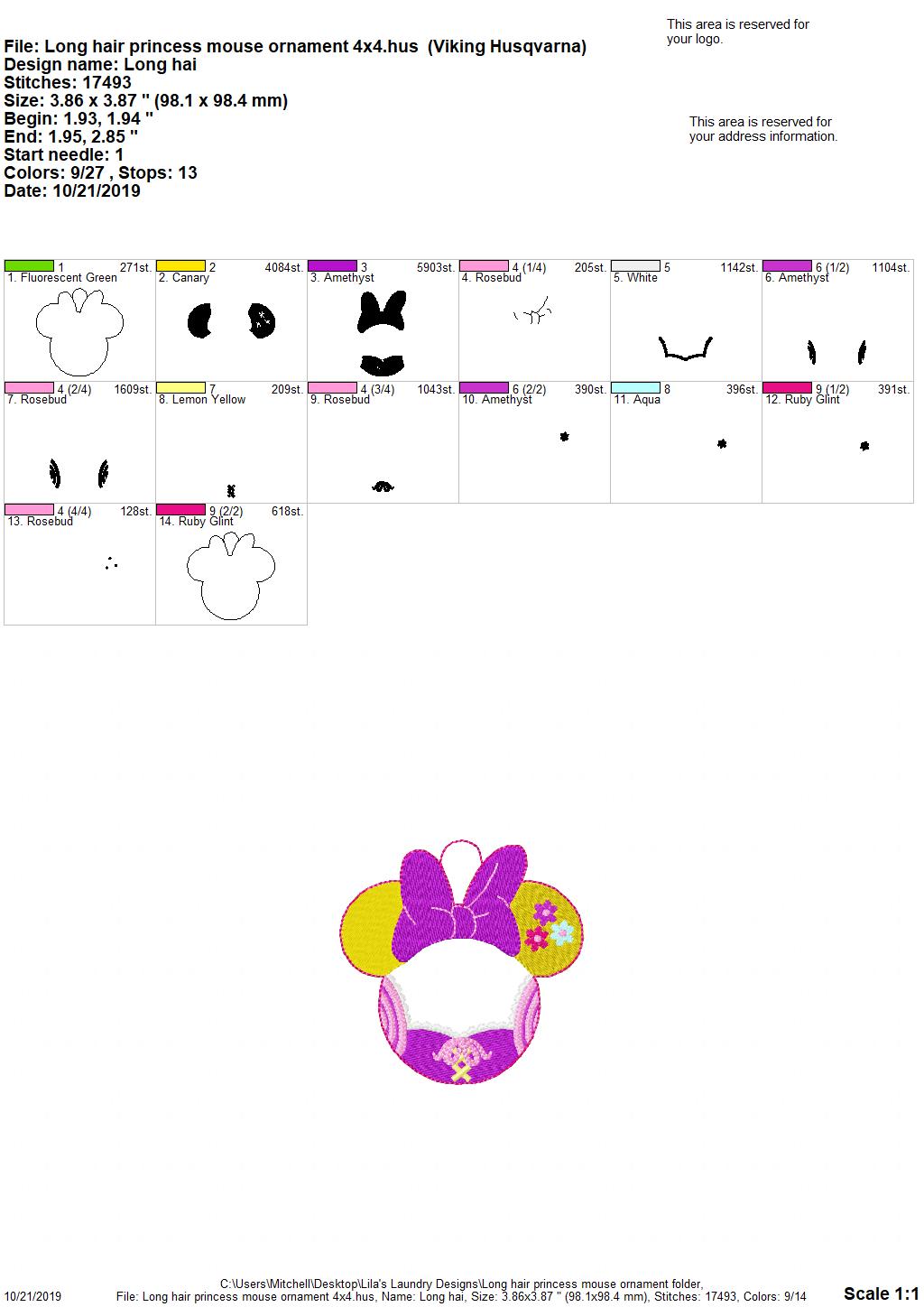Long hair Princess Mouse Ornament - 4x4 - DIGITAL Embroidery DESIGN