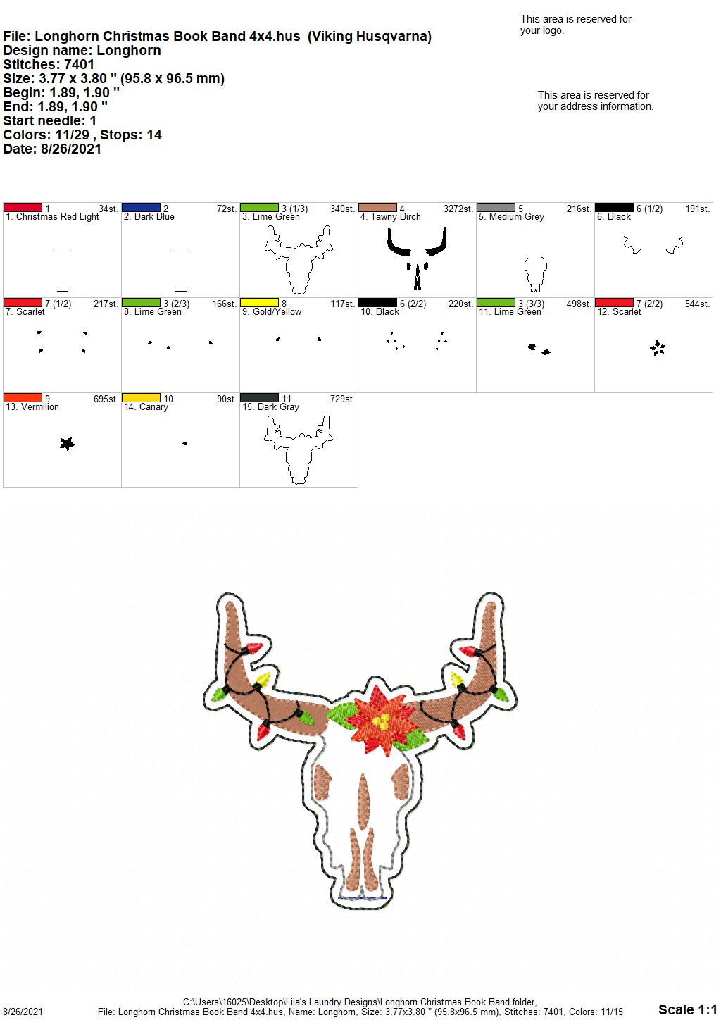 Longhorn Christmas Book Band - Embroidery Design, Digital File