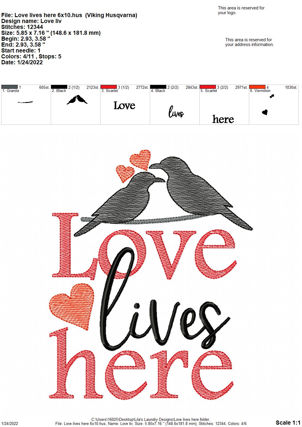 Love Lives Here - 3 sizes- Digital Embroidery Design