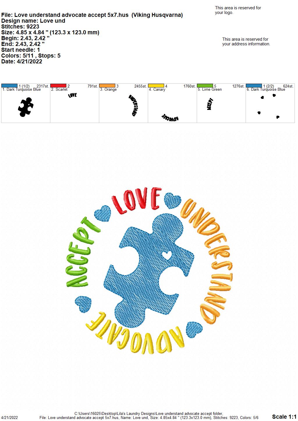 Love Understand Advocate Accept - 4 sizes- Digital Embroidery Design