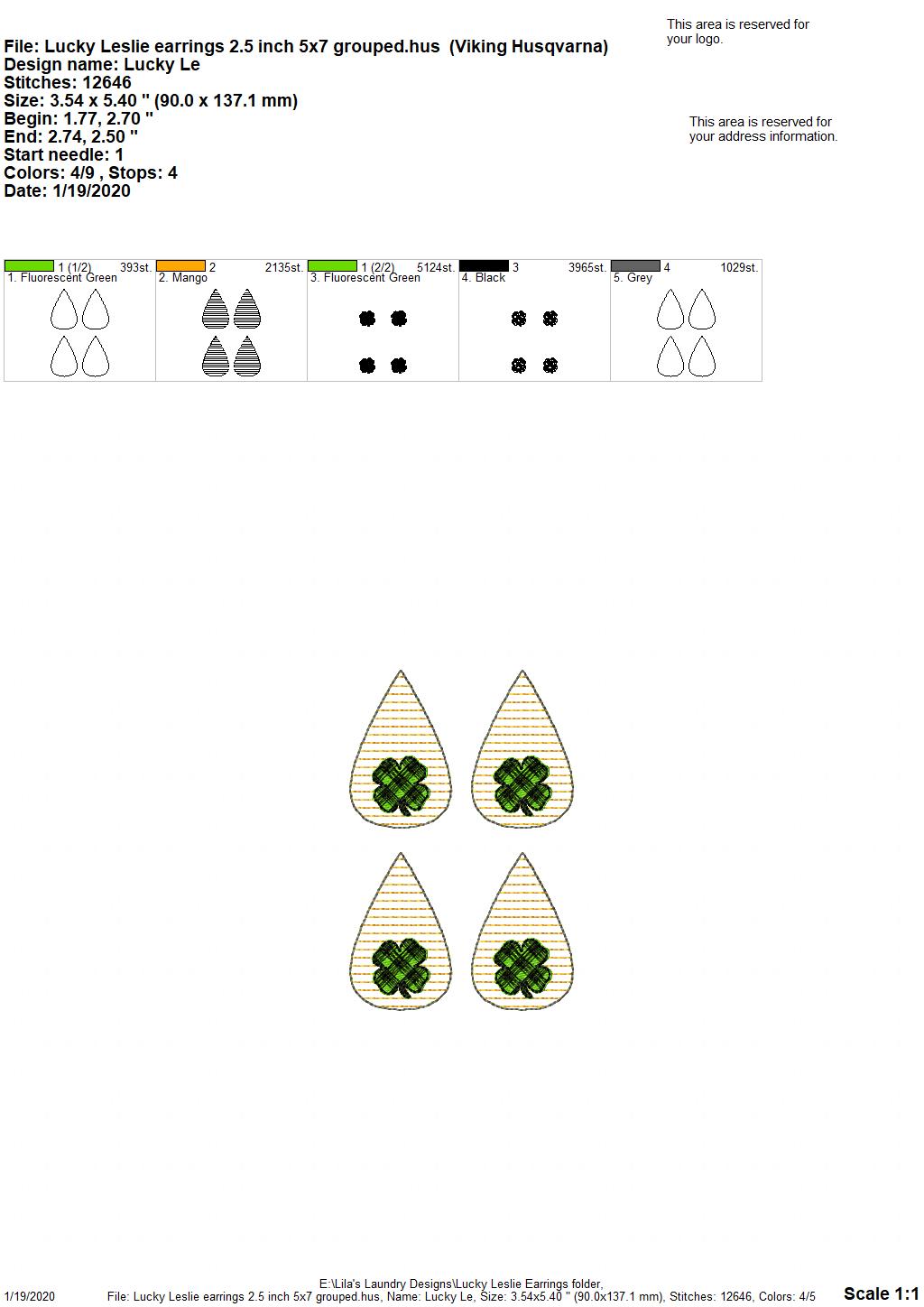 Lucky Leslie Earrings - 3 sizes - Digital Embroidery Design