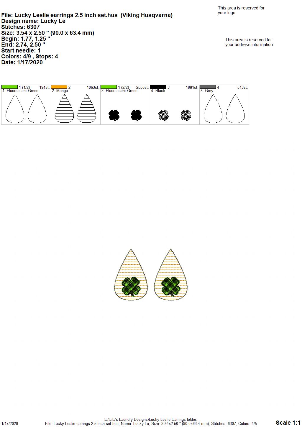 Lucky Leslie Earrings - 3 sizes - Digital Embroidery Design