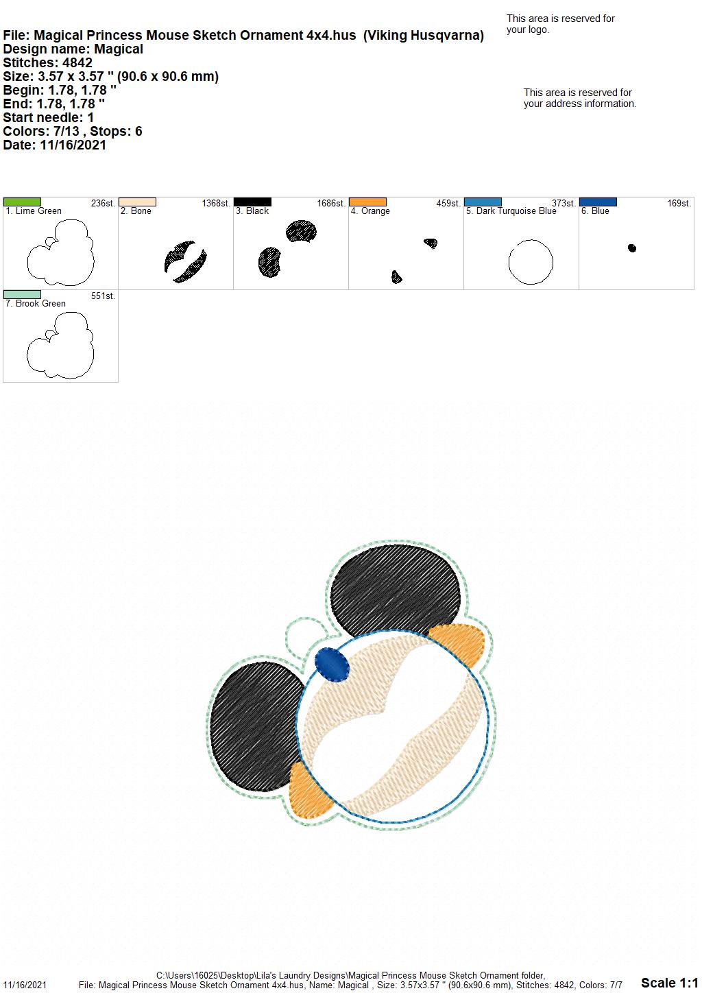 Magical Princess Mouse Sketch Ornament - Digital Embroidery Design