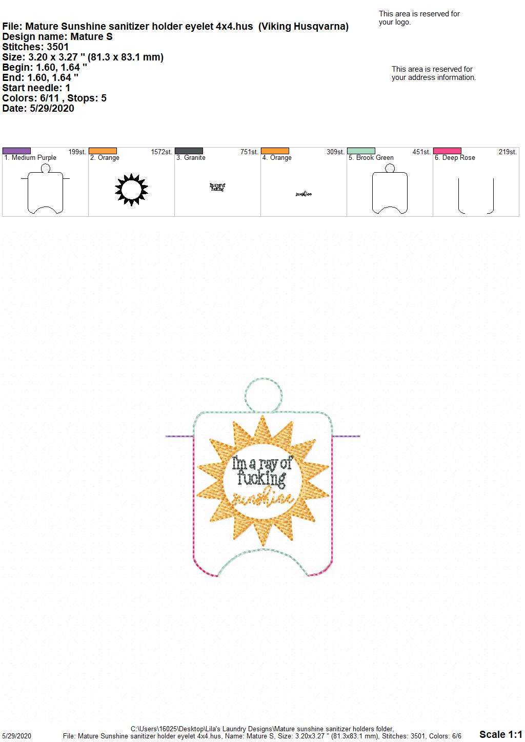 Mature Sunshine Sanitizer Holders - Embroidery Design - DIGITAL Embroidery DESIGN