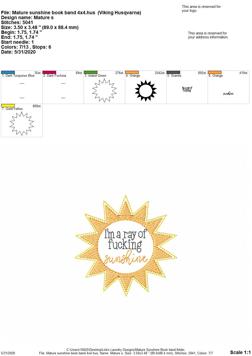Mature Sunshine Book Band - Digital Embroidery Design