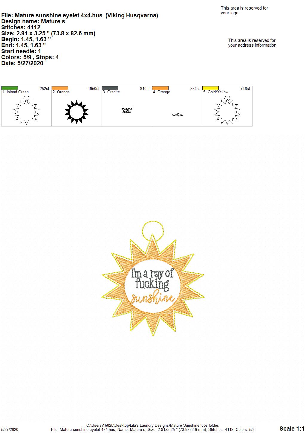 Mature Sunshine Fobs - DIGITAL Embroidery DESIGN