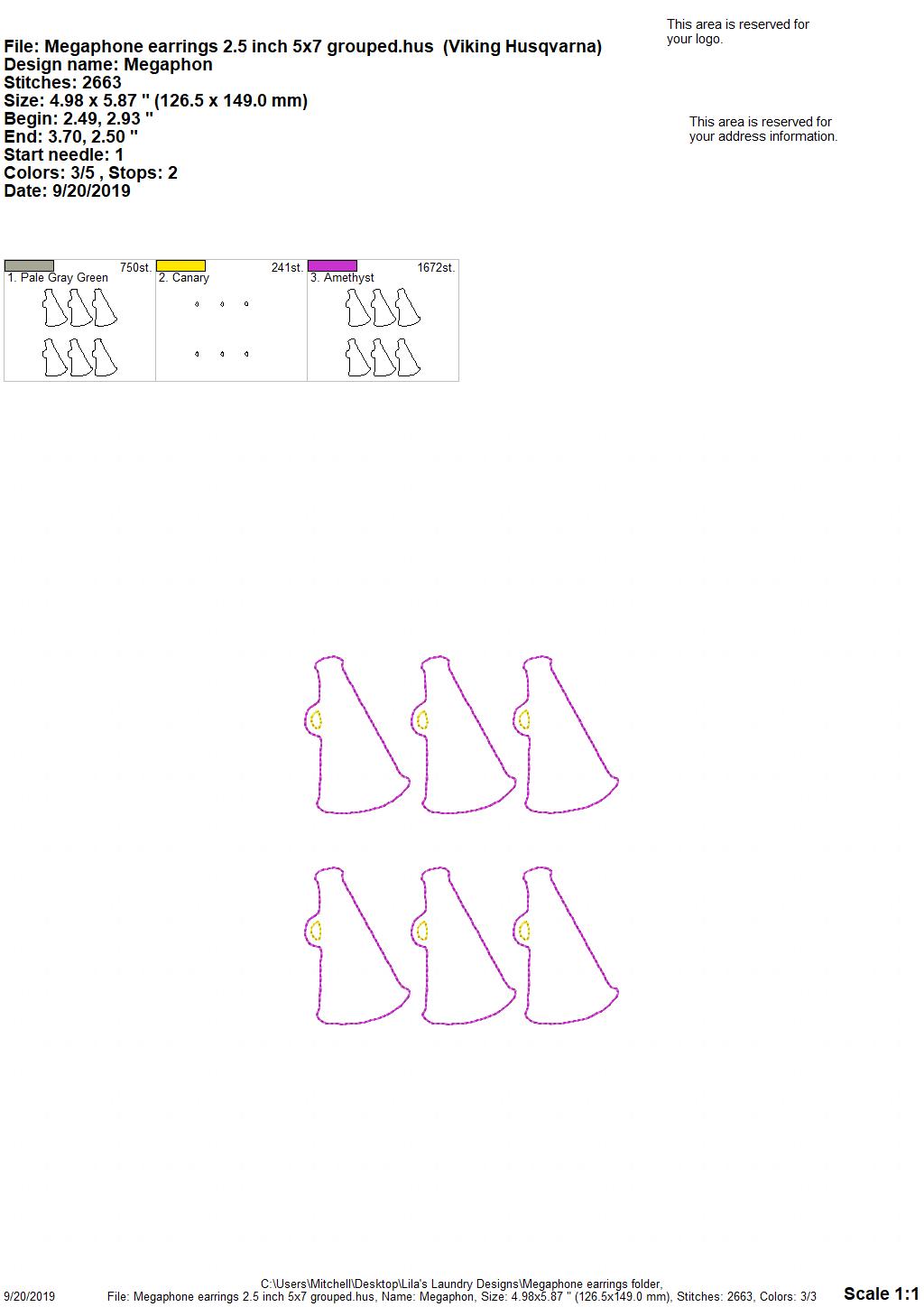 Megaphone Earrings - 3 sizes - Digital Embroidery Design