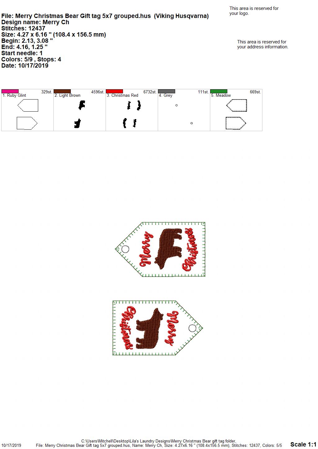 Merry Christmas Bear Gift Tag Feltie - Digital Embroidery Design