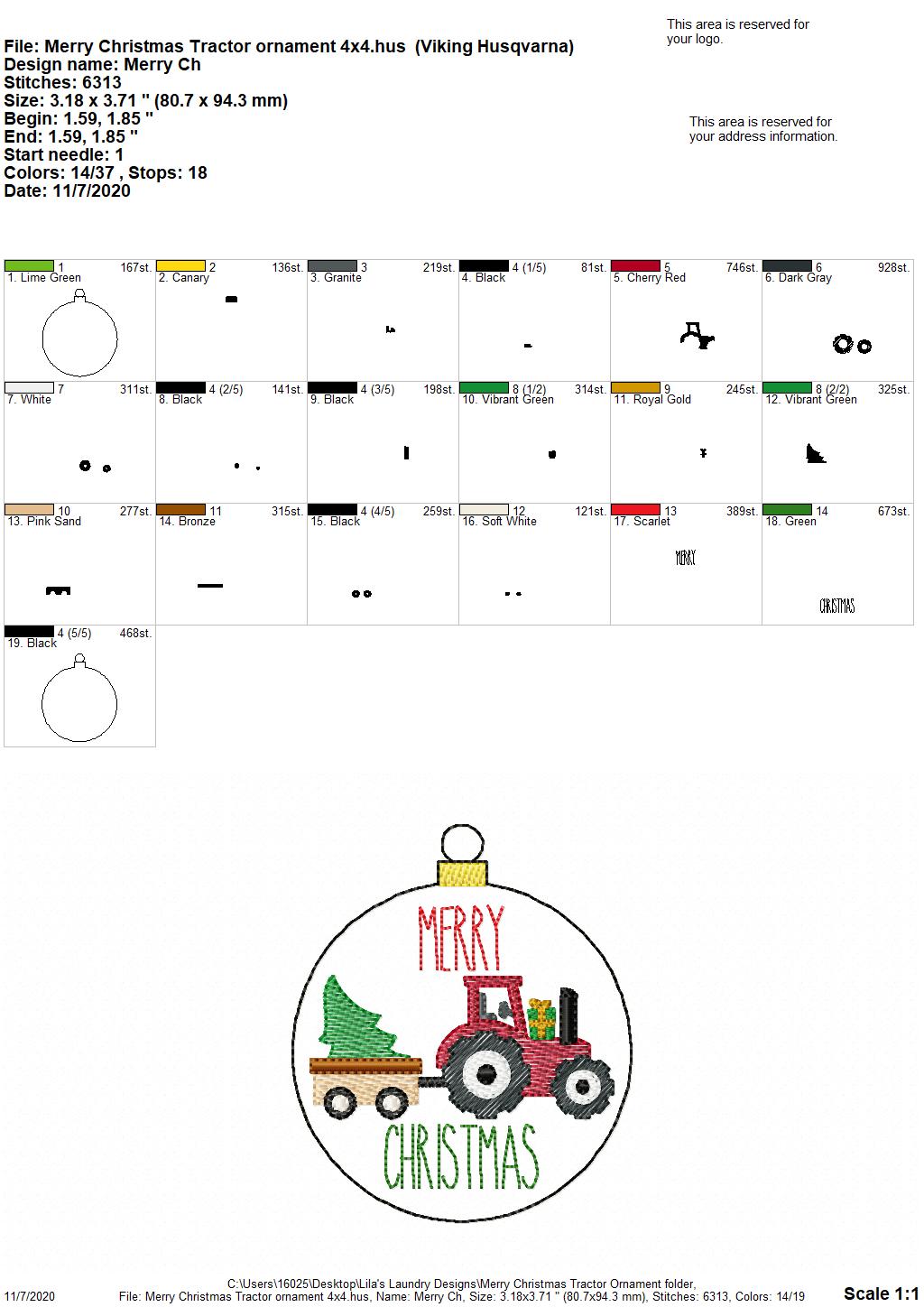 Merry Christmas Tractor Ornament - Digital Embroidery Design