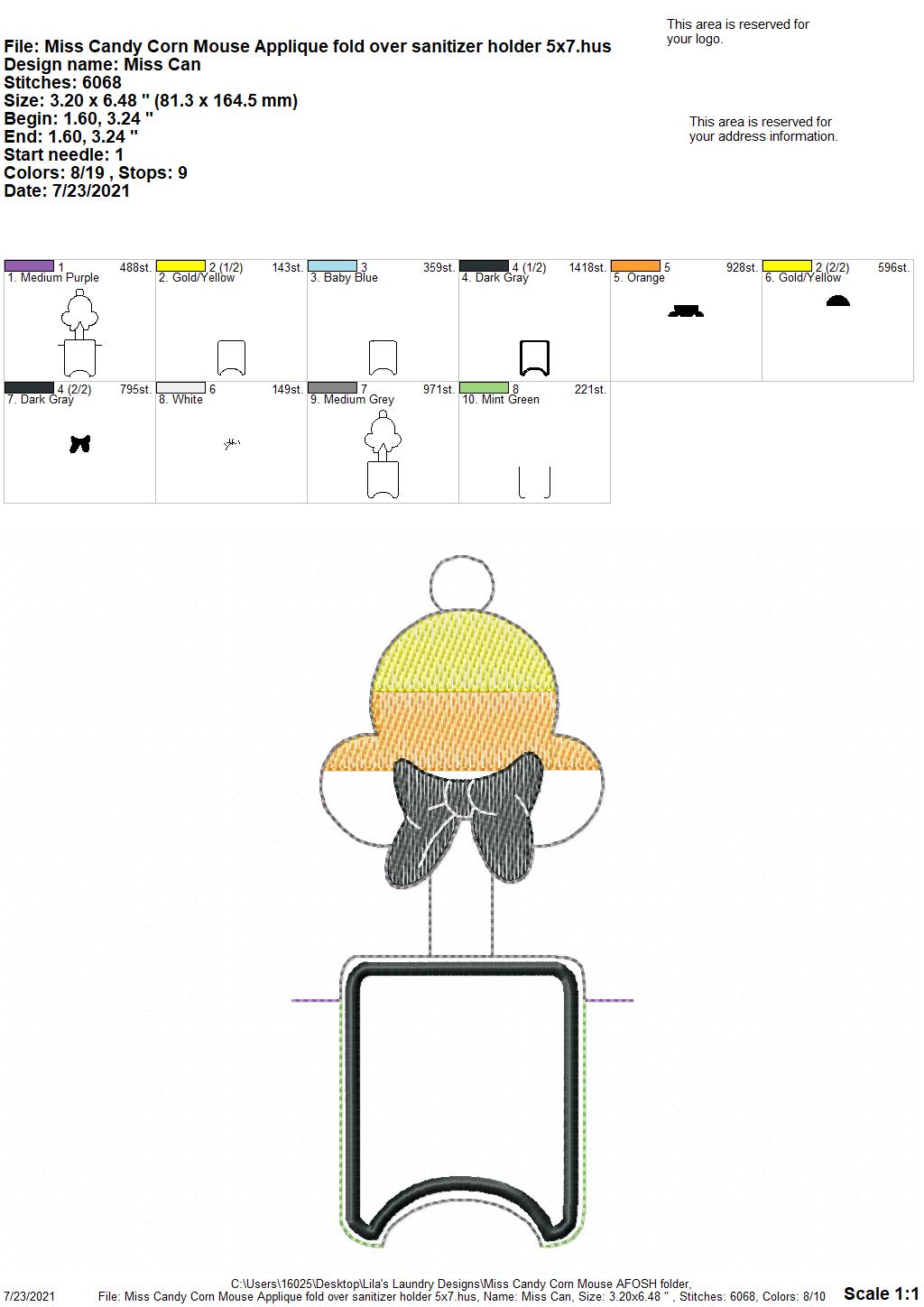 Miss Candy Corn Mouse Applique Fold Over Sanitizer Holder 5x7- DIGITAL Embroidery DESIGN