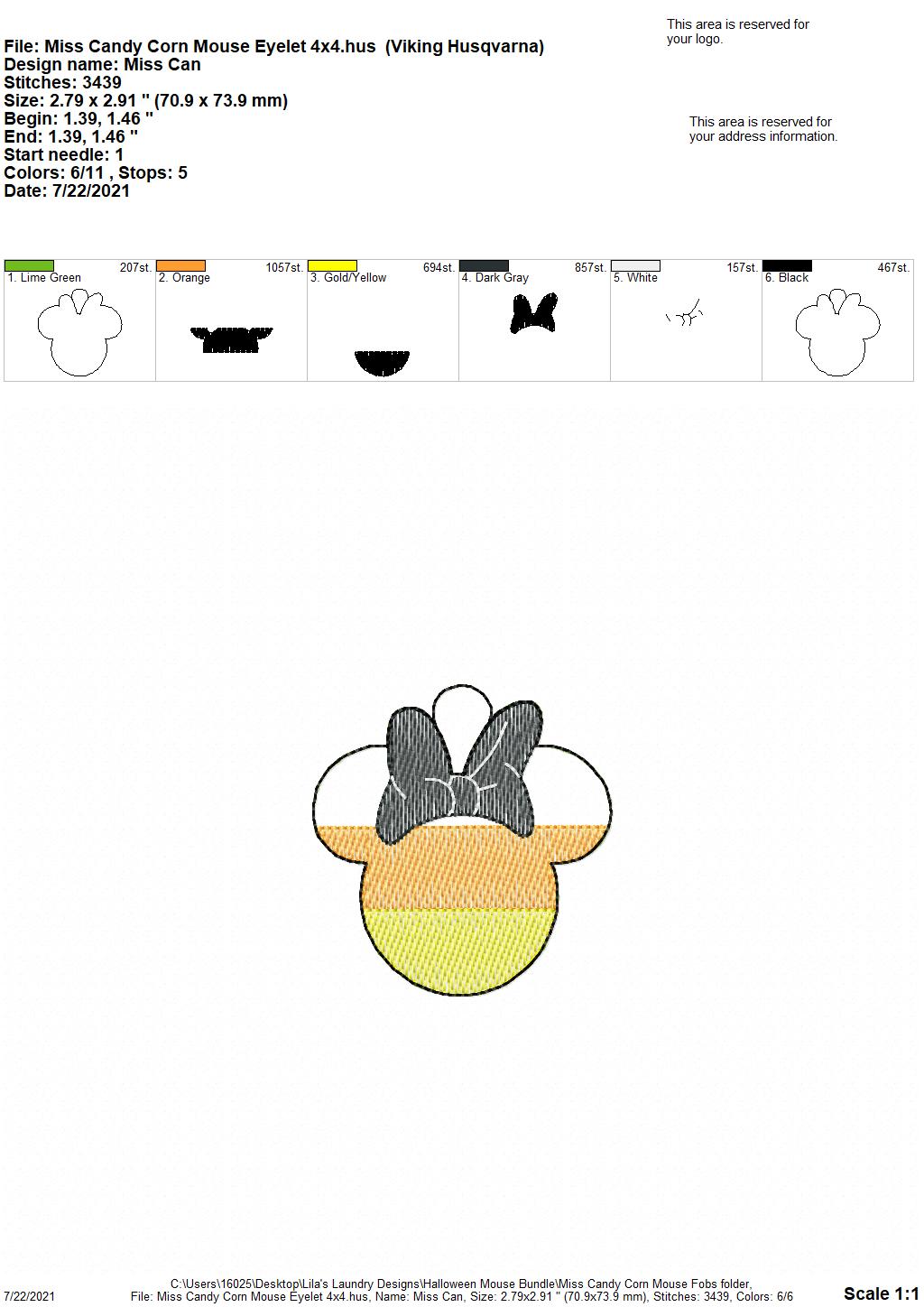 Miss Candy Corn Mouse Fobs - DIGITAL Embroidery DESIGN