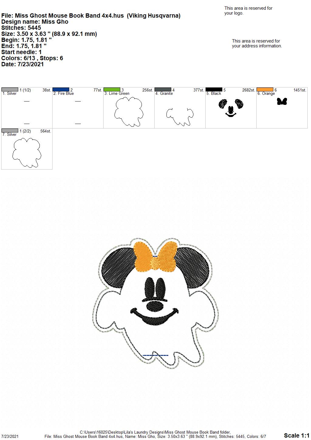 Miss Ghost Mouse Book Band - Embroidery Design, Digital File