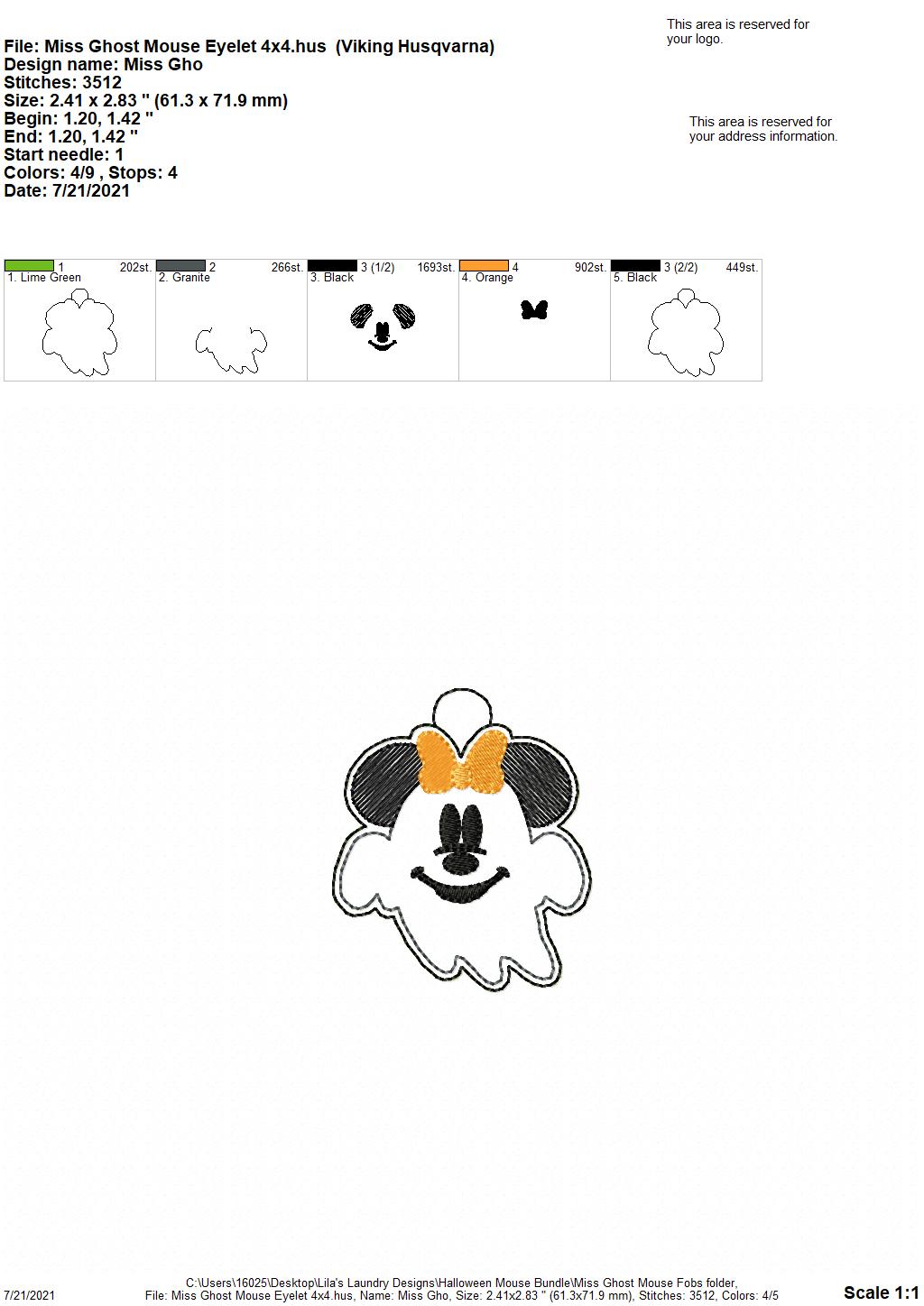 Miss Ghost Mouse Fobs - DIGITAL Embroidery DESIGN