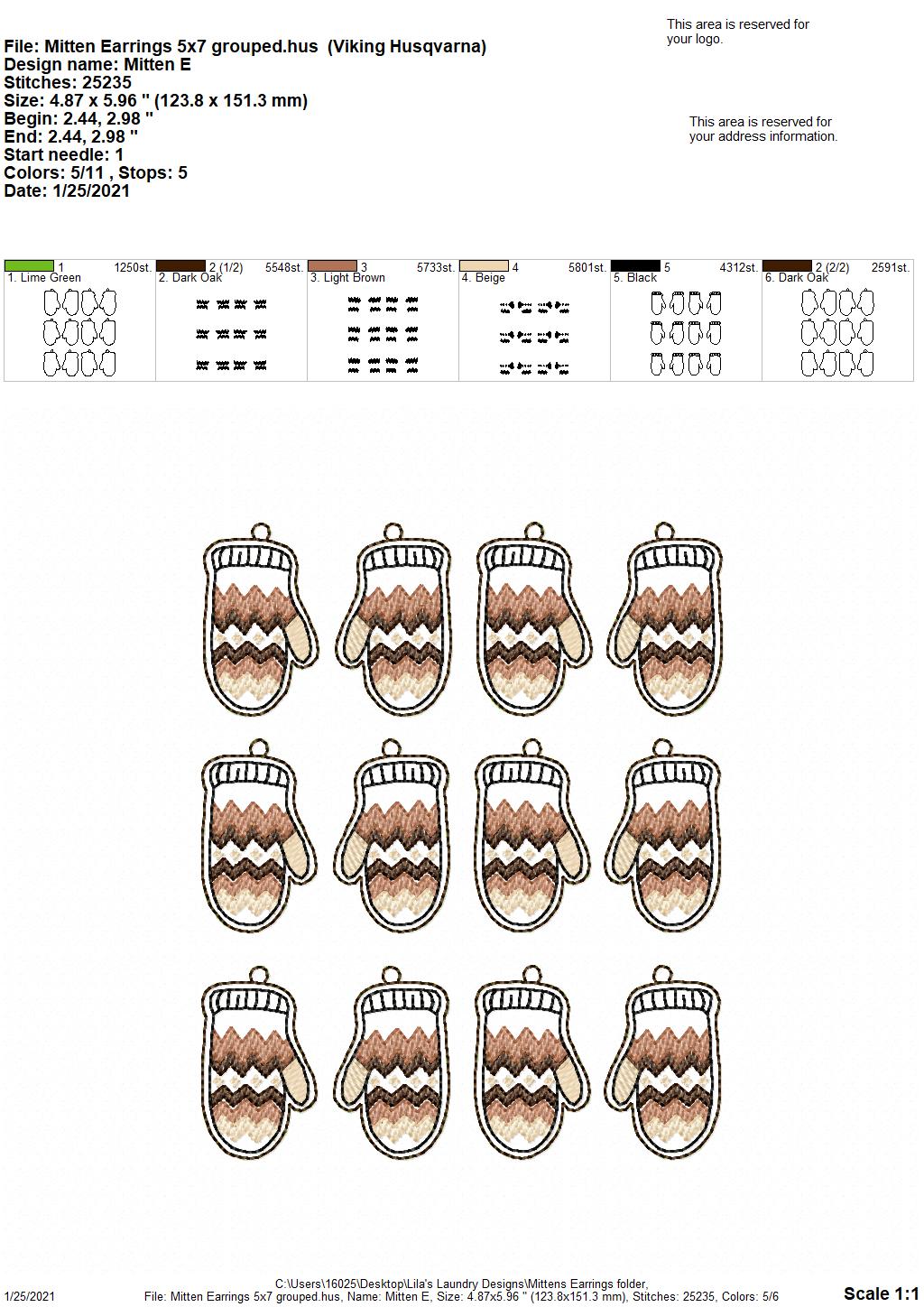 Mitten Earrings - 1 Size - Digital Embroidery Design