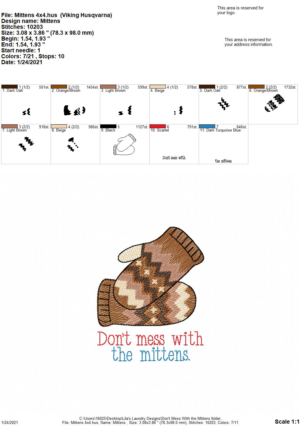 Don't Mess With the Mittens - 2 sizes- Digital Embroidery Design