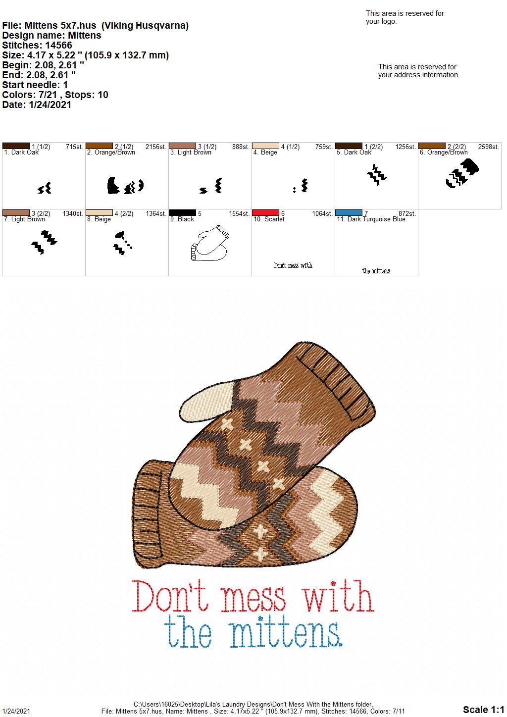 Don't Mess With the Mittens - 2 sizes- Digital Embroidery Design