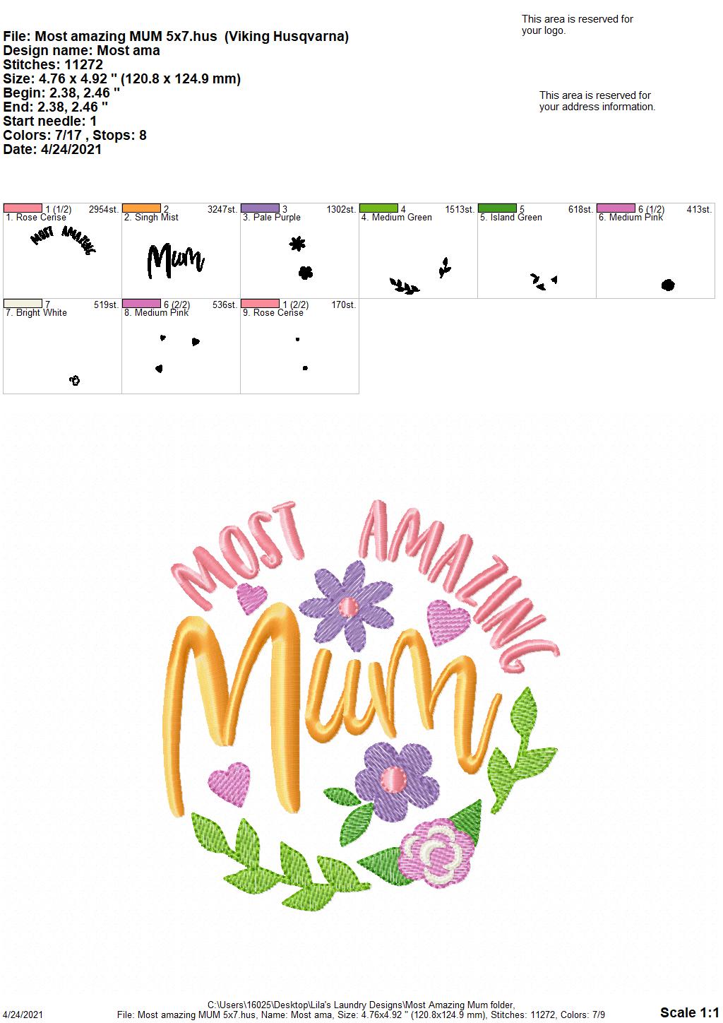 Most Amazing Mum - 2 sizes- Digital Embroidery Design