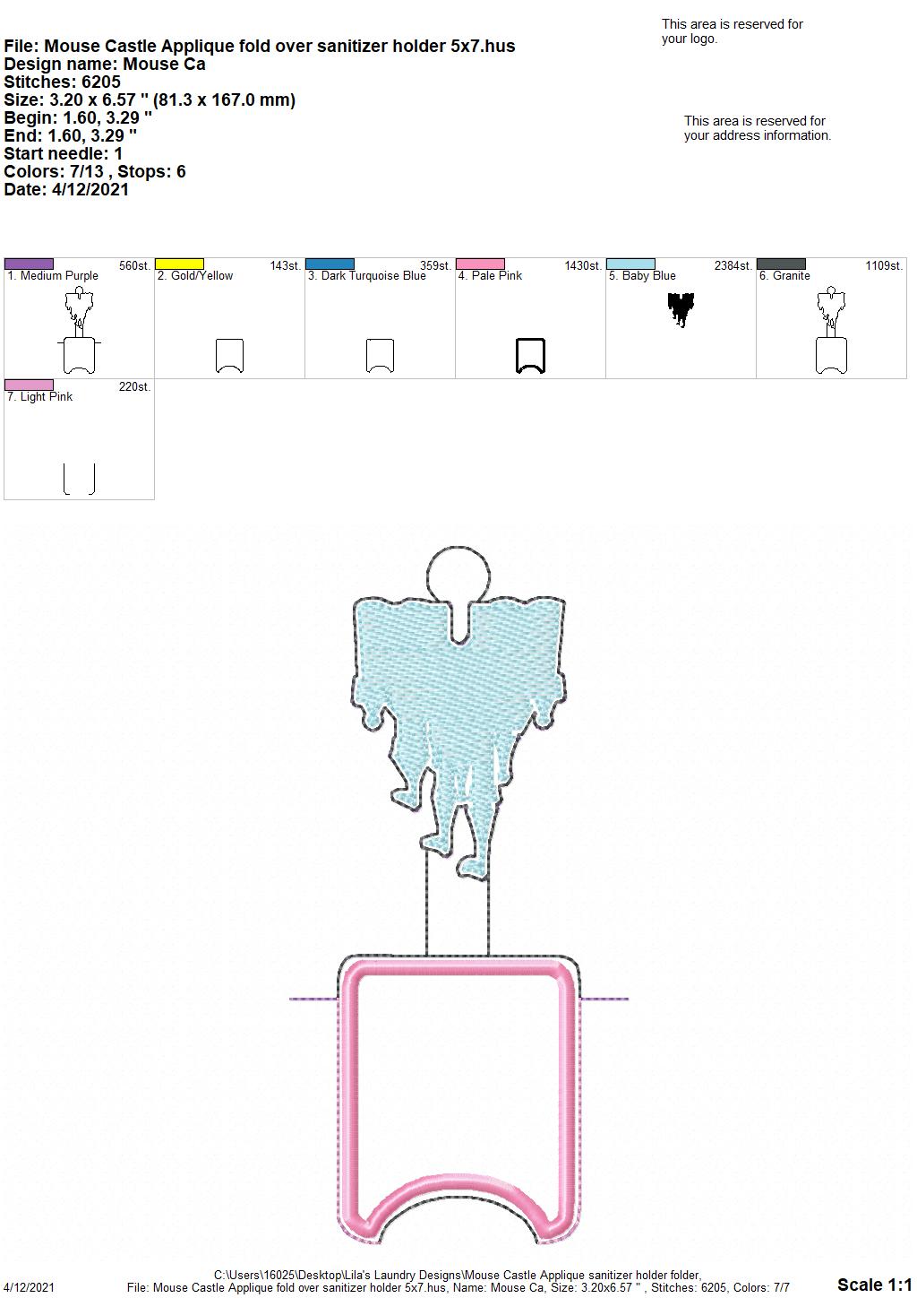 Mouse Castle Applique Fold Over Sanitizer Holder 5x7- DIGITAL Embroidery DESIGN