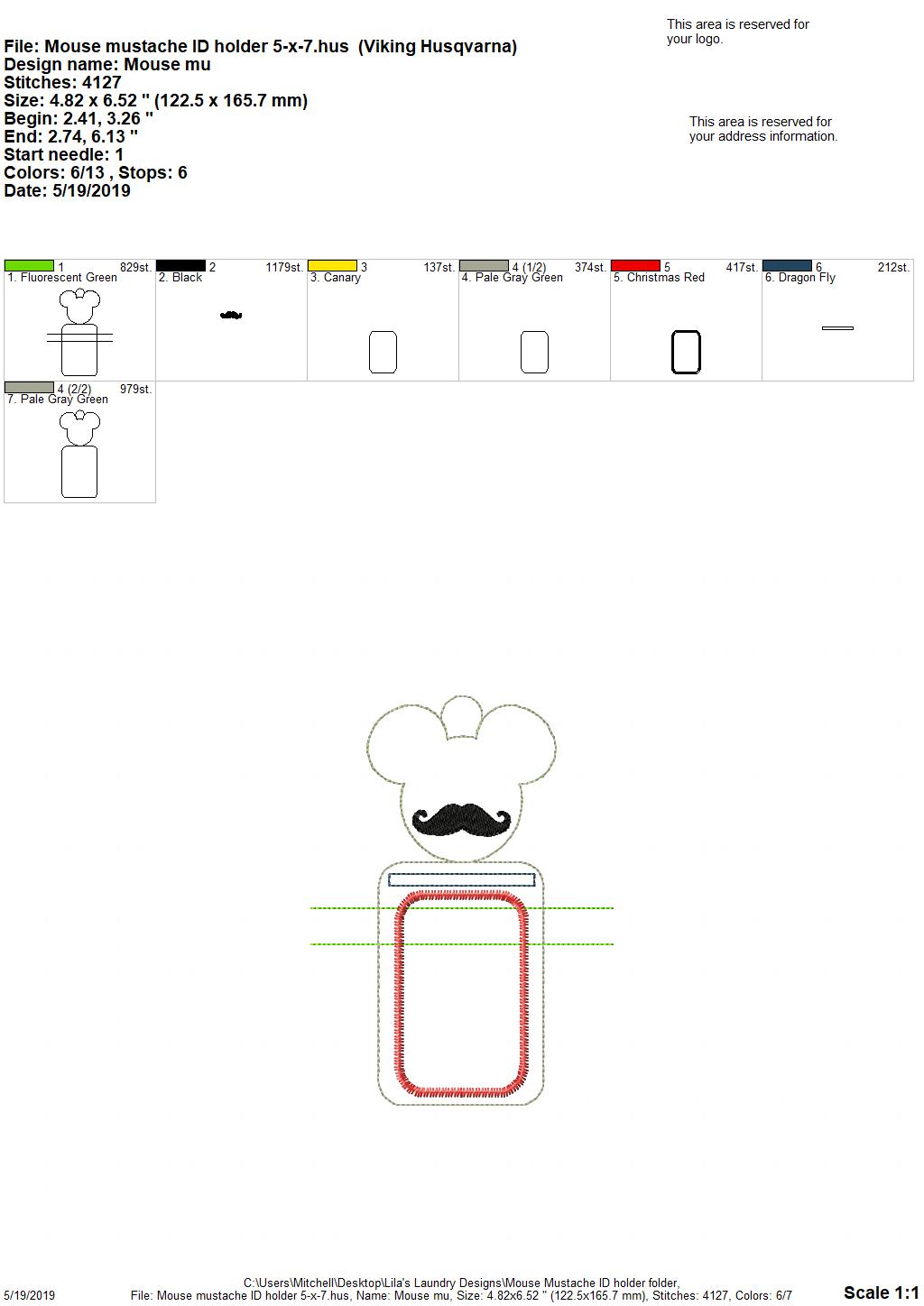 Mouse Mustache ID Holder 5x7 only - Digital Embroidery Design