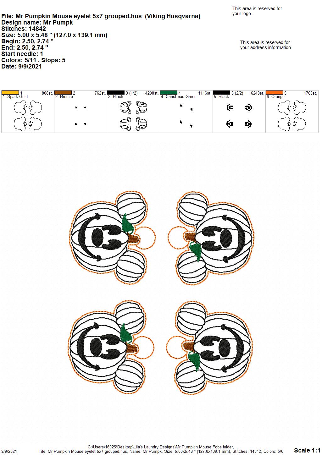 Mr. Pumpkin Mouse Fobs - DIGITAL Embroidery DESIGN